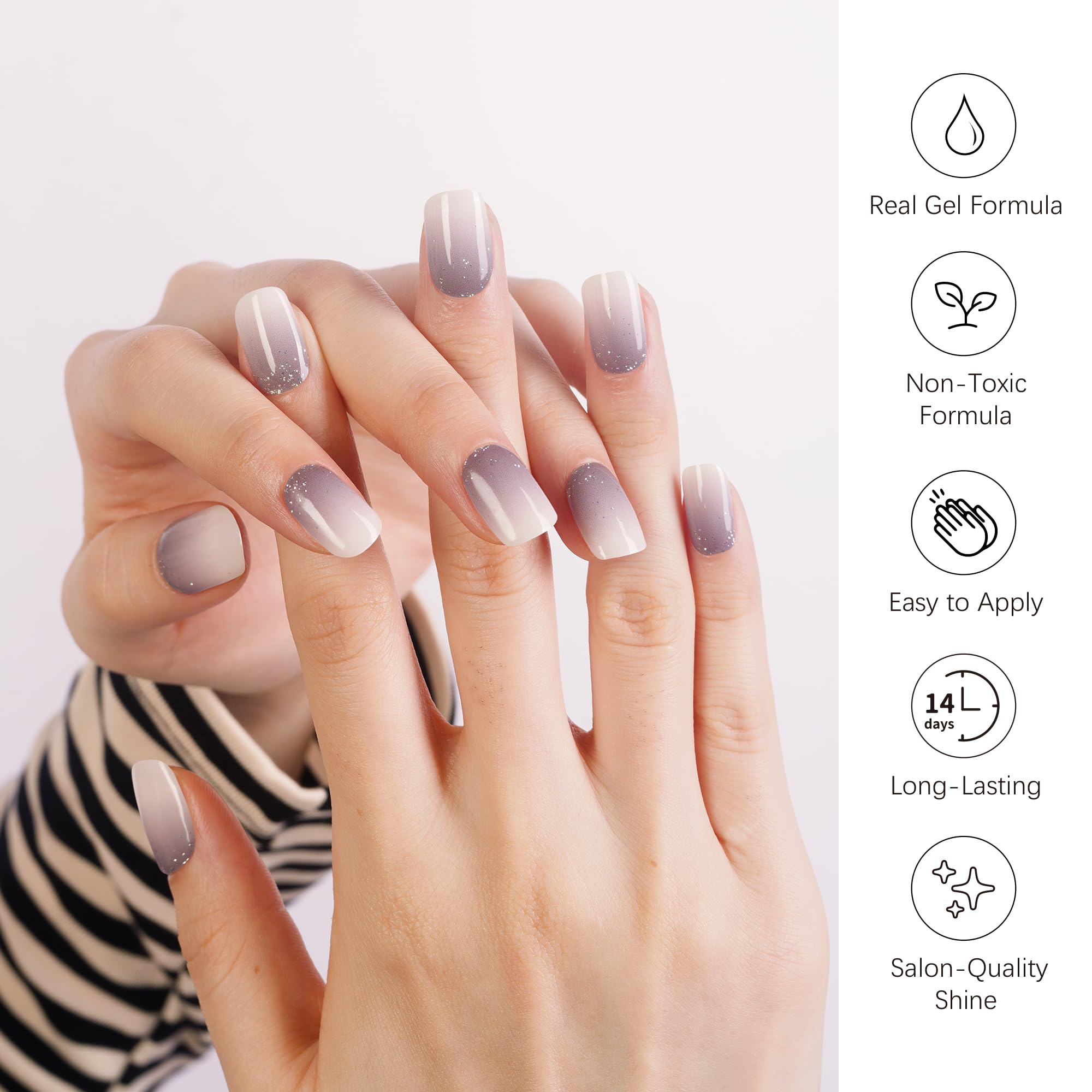 DANNI & TONI Semi-Cured Gel Nail Strips – Grey-White Ombre Glitter, 28 Nail Wraps | Ash Dream