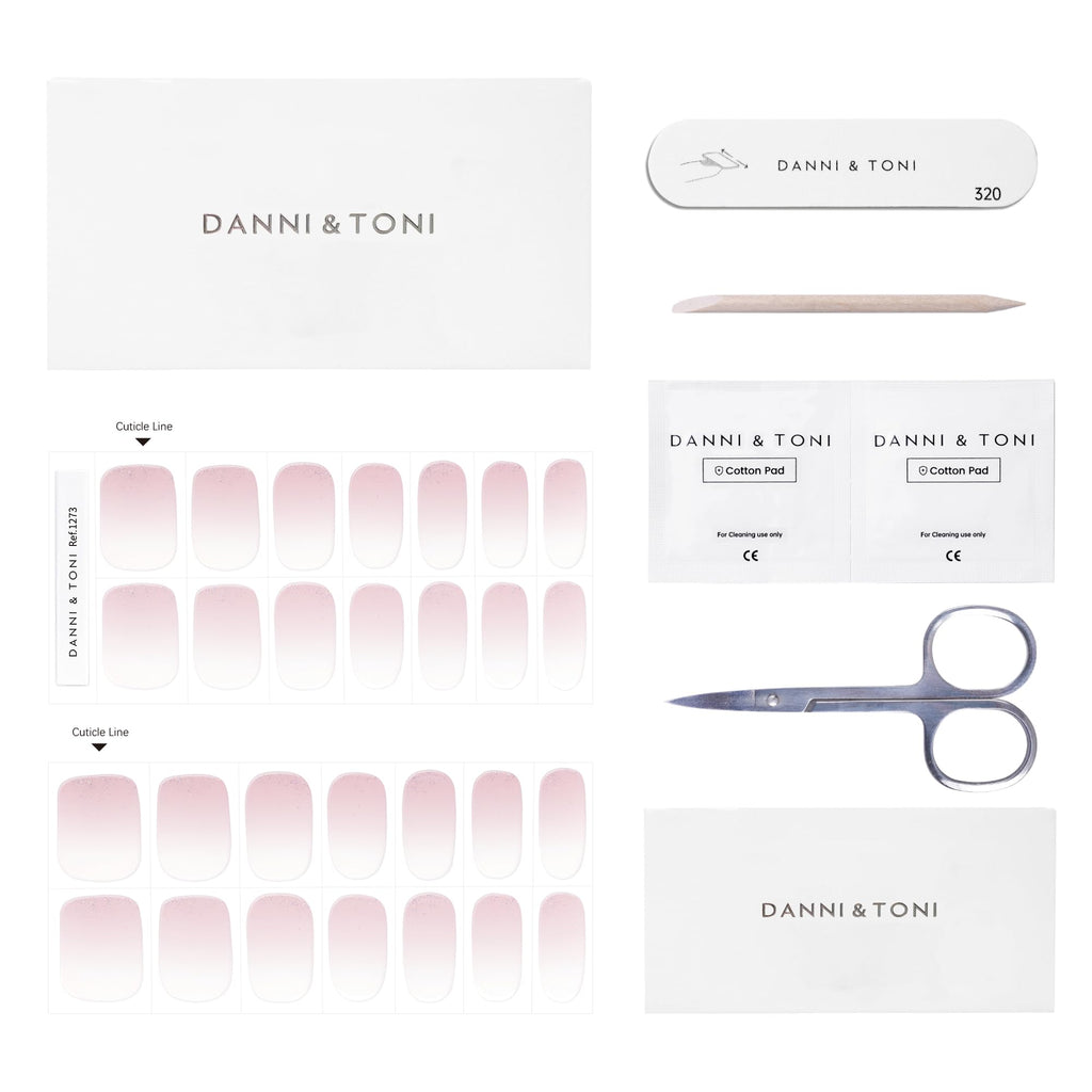 DANNI & TONI Semi-Cured Gel Nail Strips – Translucent Pink Ombre Glitter (In The Mood for Love) – 28 pcs