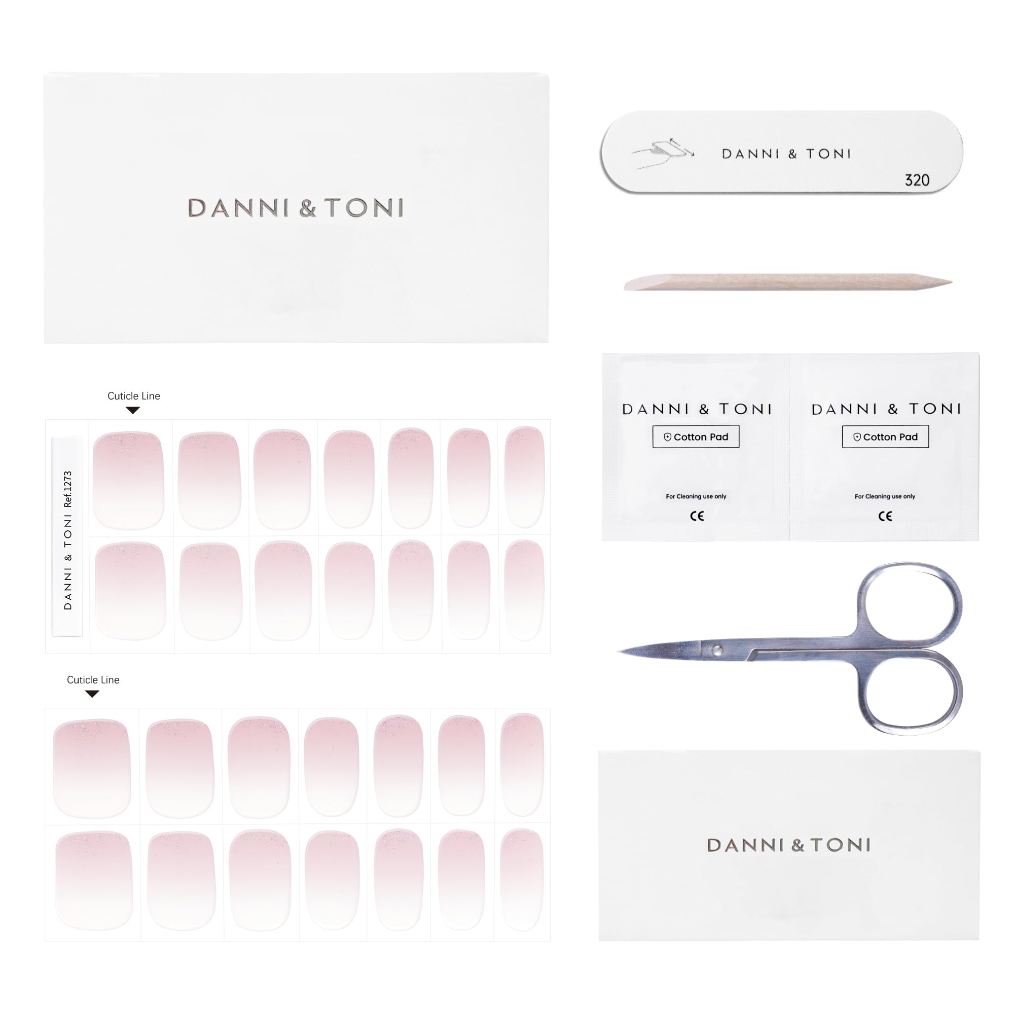 DANNI & TONI Semi-Cured Gel Nail Strips – Translucent Pink Ombre Glitter (In The Mood for Love) – 28 pcs