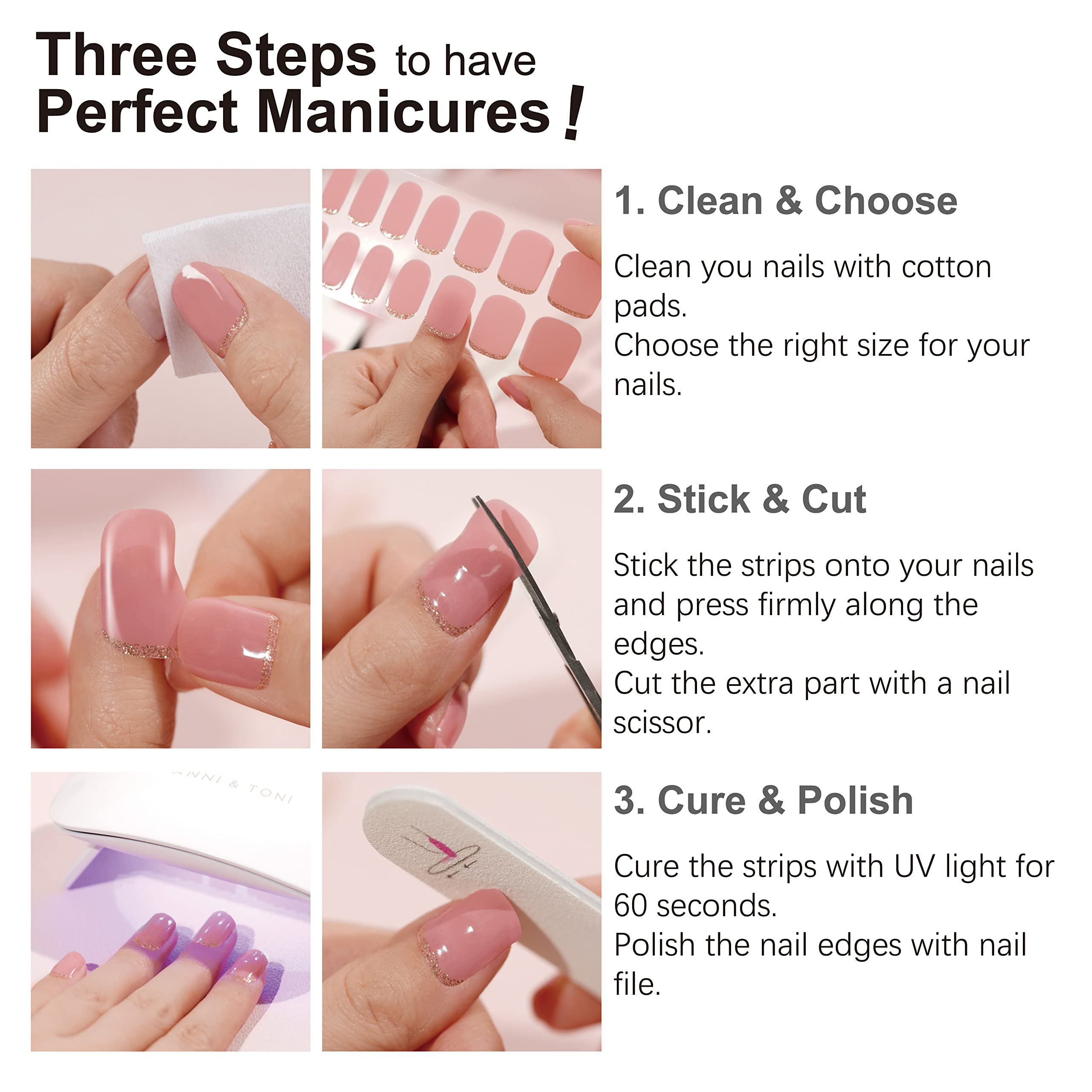 DANNI & TONI Semi-Cured Gel Nail Strips – Translucent Pink Ombre Glitter (In The Mood for Love) – 28 pcs