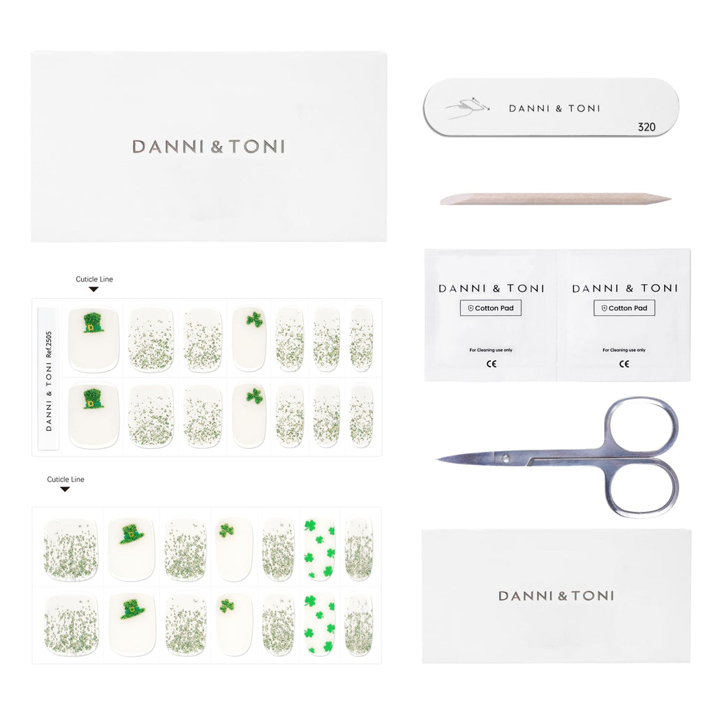 DANNI & TONI Shamrock Chic Semi-Cured Gel Nail Strips – 28 Green Glitter Wraps