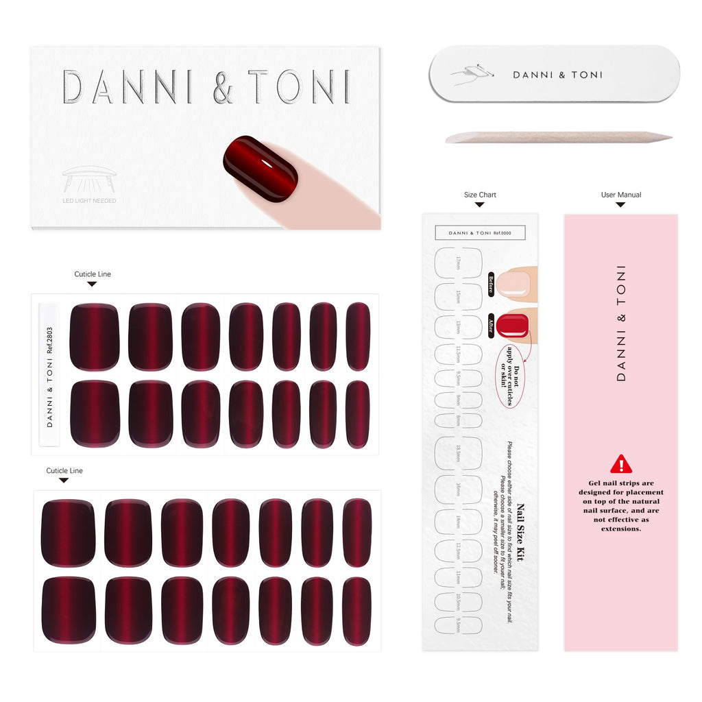 DANNI & TONI Semi Cured Gel Nail Strips – Black Red Gradient Cat Eye | Crimson Eclipse