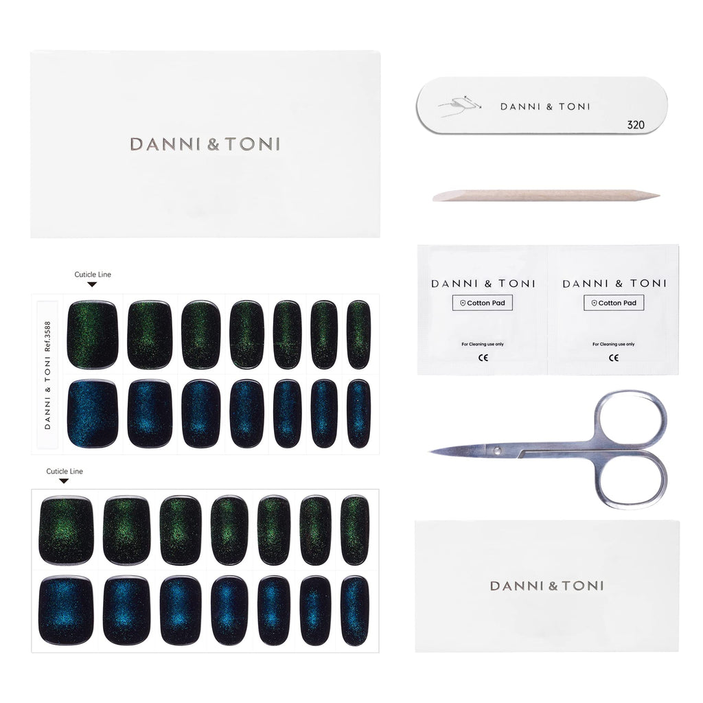 DANNI & TONI Cat Eye Gel Nail Strips – Oceanic Panther, Semi-Cured Gel Nail Wraps, 28 Glossy Pieces