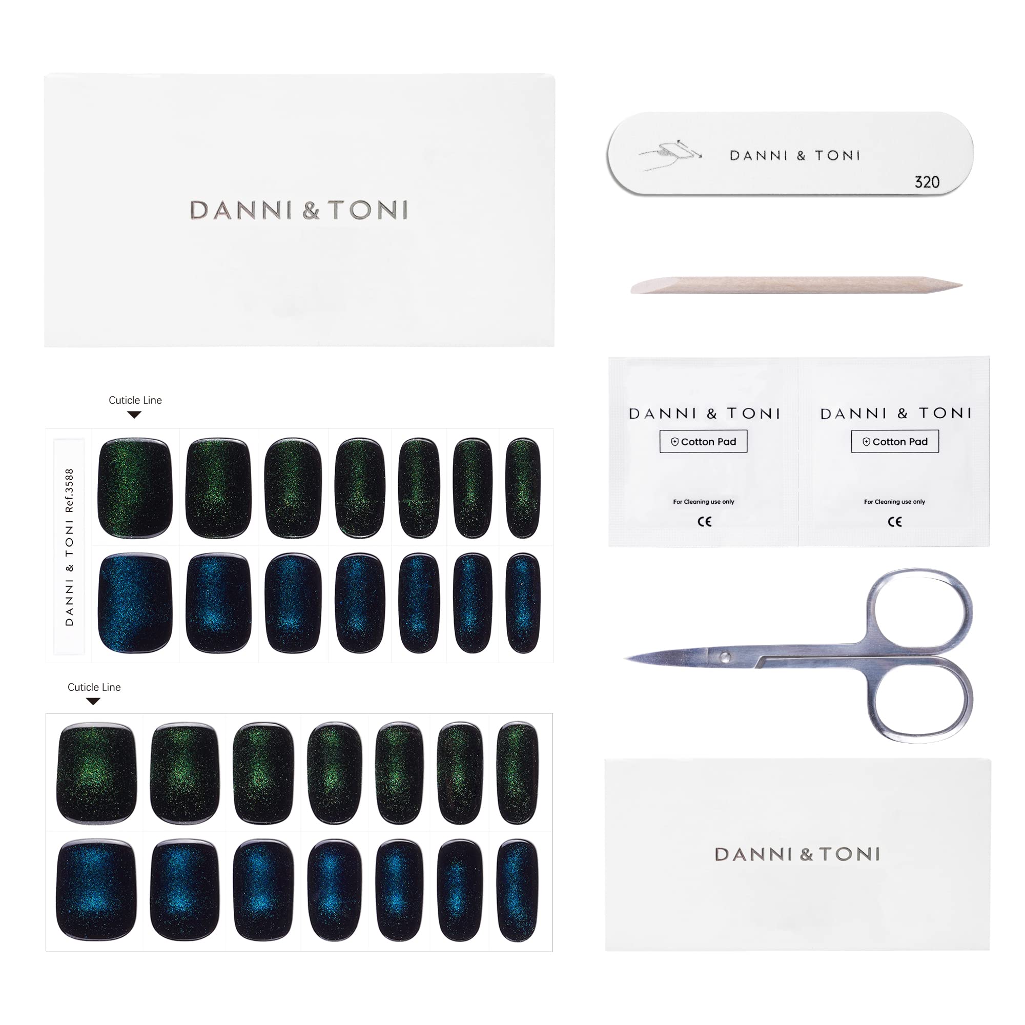 DANNI & TONI Cat Eye Gel Nail Strips – Oceanic Panther, Semi-Cured Gel Nail Wraps, 28 Glossy Pieces