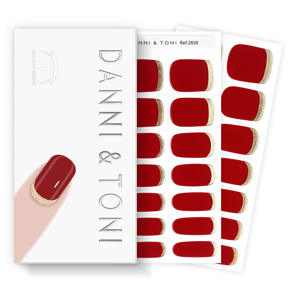DANNI & TONI Scarlet Red Semi-Cured Gel Nail Strips – Gold Reverse French, 28 Stickers | Gilded Velvet