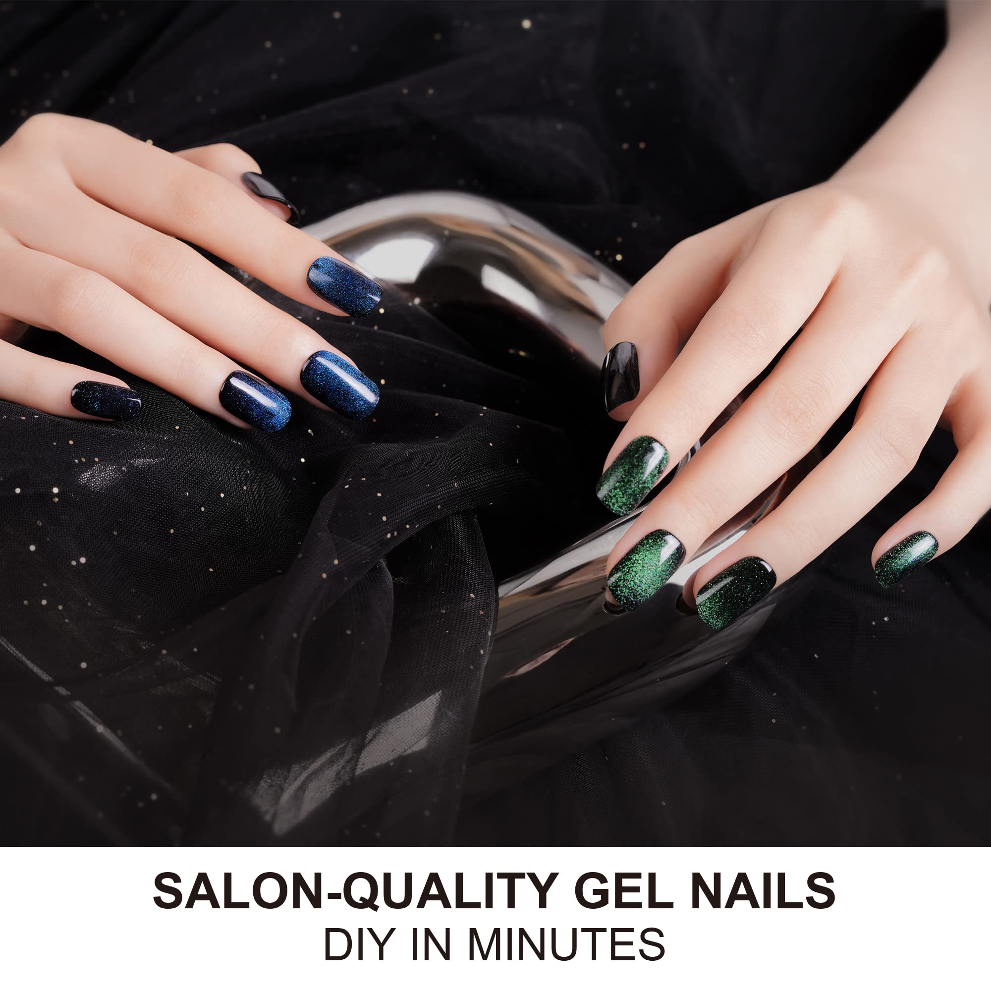 DANNI & TONI Cat Eye Gel Nail Strips – Oceanic Panther, Semi-Cured Gel Nail Wraps, 28 Glossy Pieces