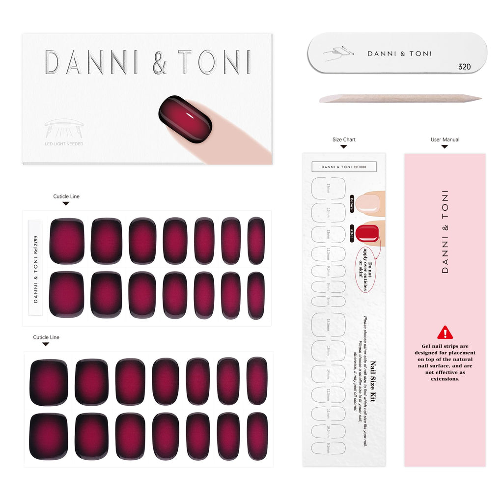 DANNI & TONI Semi Cured Gel Nail Strips – Black Wine Red Ombre | Midnight Velvet