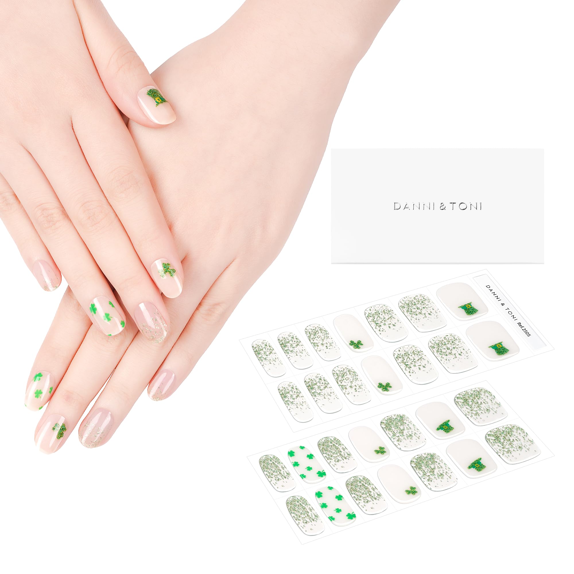 DANNI & TONI Shamrock Chic Semi-Cured Gel Nail Strips – 28 Green Glitter Wraps
