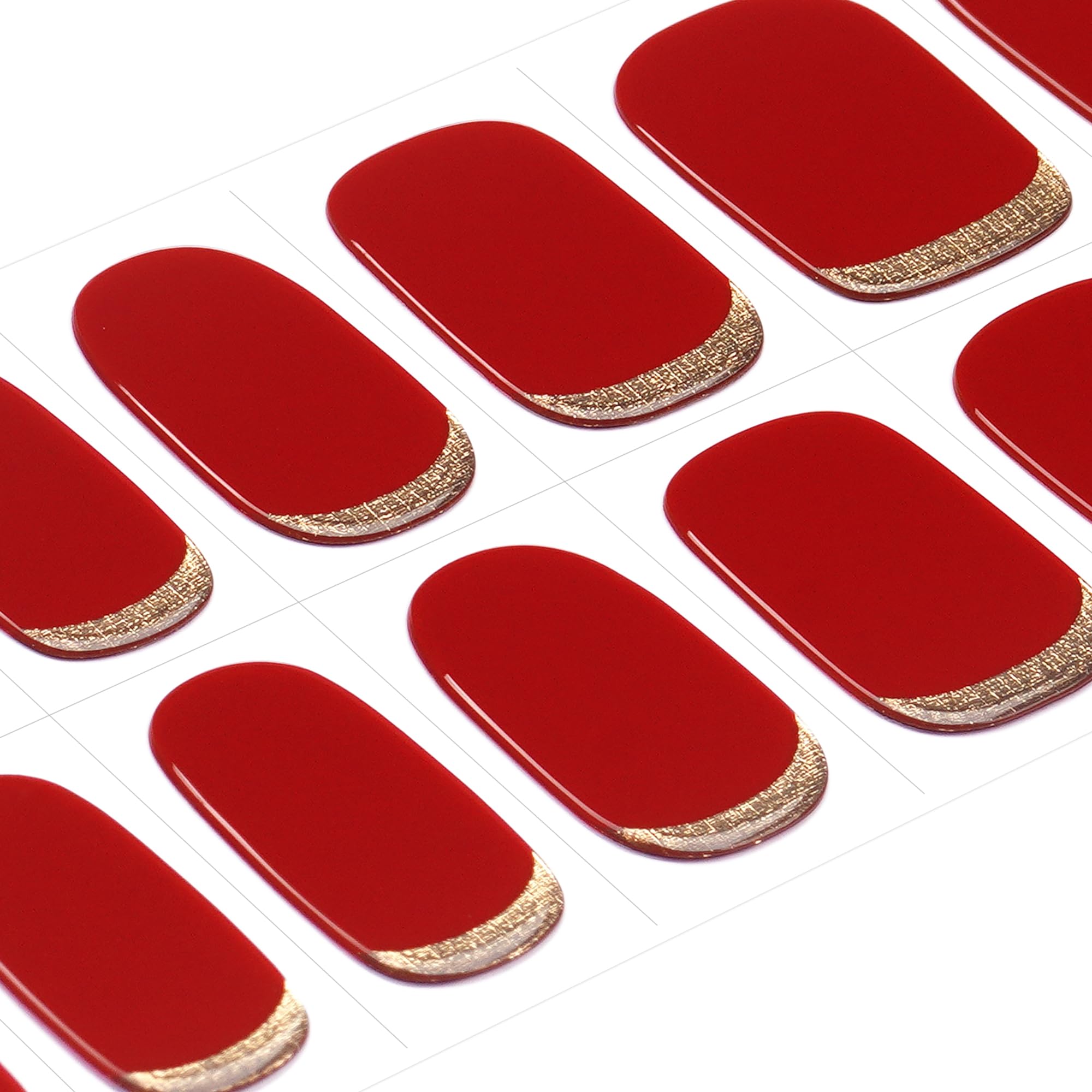 DANNI & TONI Scarlet Red Semi-Cured Gel Nail Strips – Gold Reverse French, 28 Stickers | Gilded Velvet