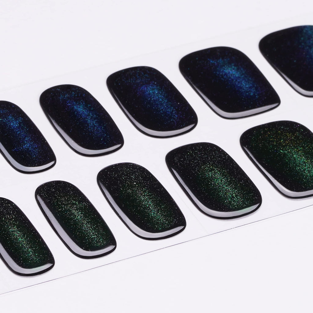 DANNI & TONI Cat Eye Gel Nail Strips – Oceanic Panther, Semi-Cured Gel Nail Wraps, 28 Glossy Pieces