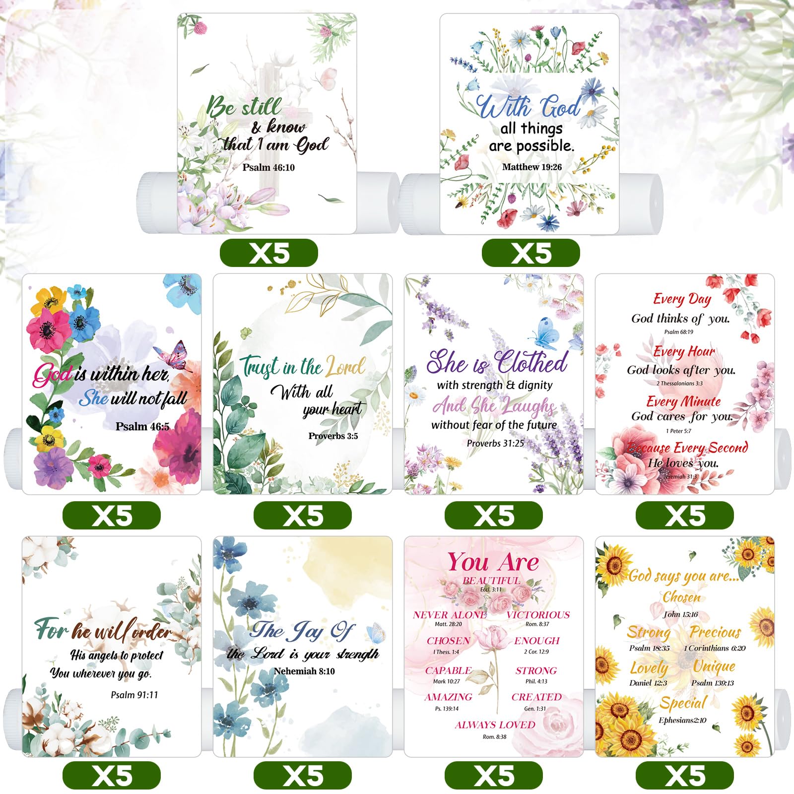 Dansib 50 Pcs Christian Lip Balm Set – Bible Verse Floral Gift Pack for Women & Men