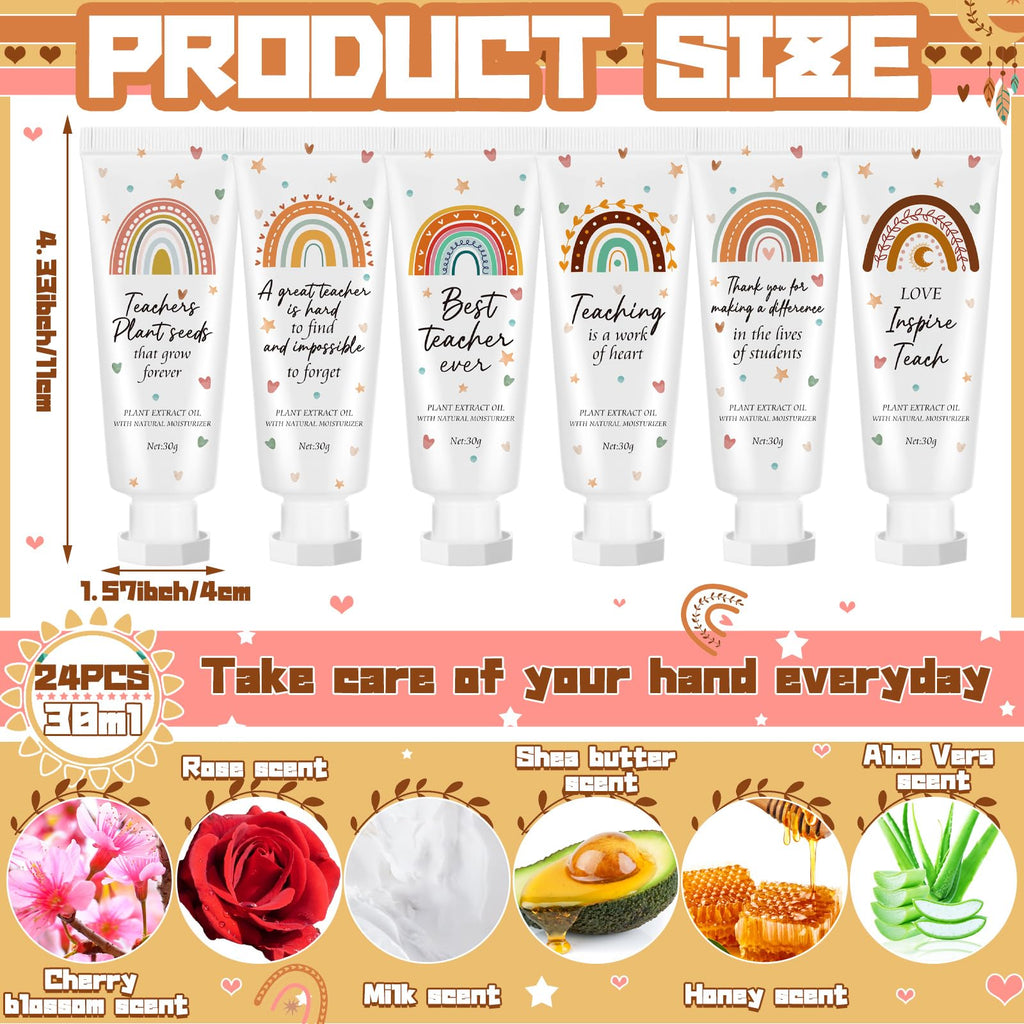 Dansib 24 Pcs Teacher Appreciation Hand Cream Gift Set – Boho Rainbow Travel-Size Moisturizing Lotion