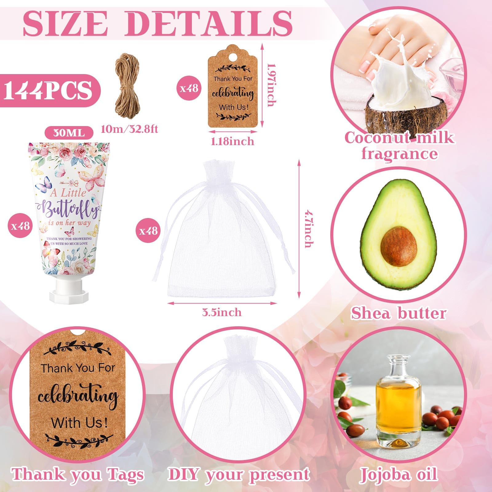 Dansib 48-Set Baby Shower Hand Cream Favors (Butterfly) – Coconut Milk Scent, Eucalyptus Design, Travel Size