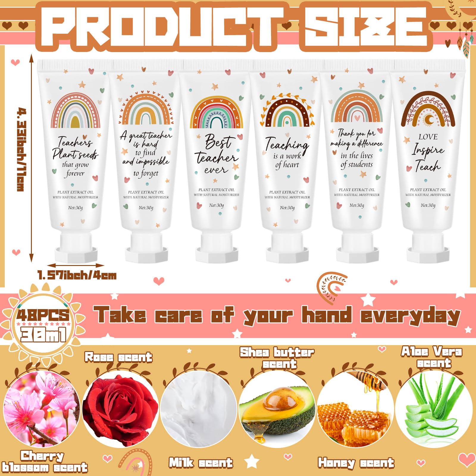 Dansib 48-Piece Teacher Appreciation Hand Cream Gift Set – Boho Rainbow Bulk Moisturizing Lotion