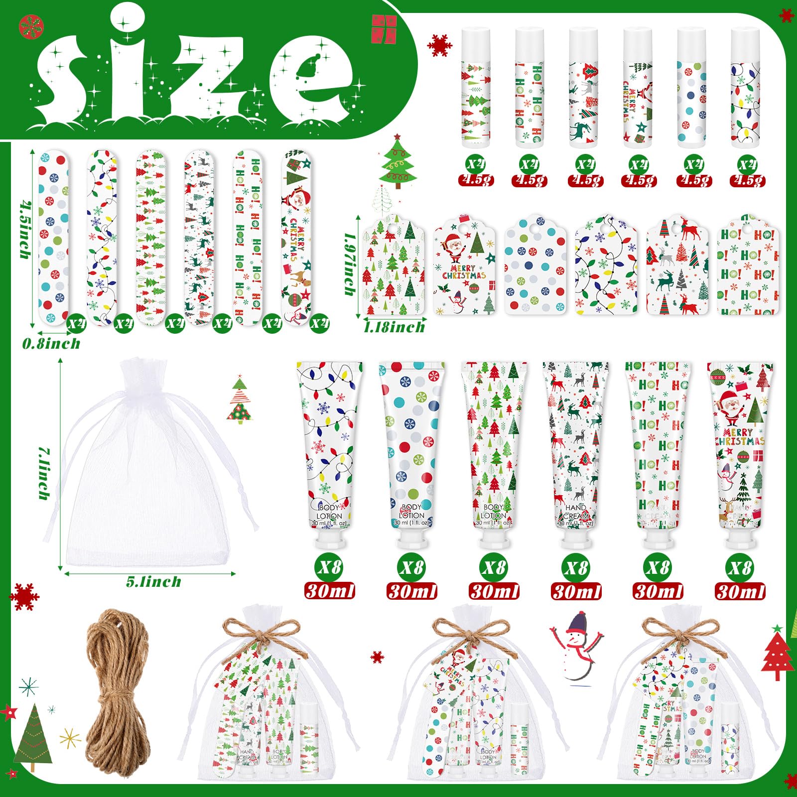 Dansib 24-Set Christmas Gift Favors — Hand Cream, Body Lotion, Lip Balm, Cards & Organza Bags