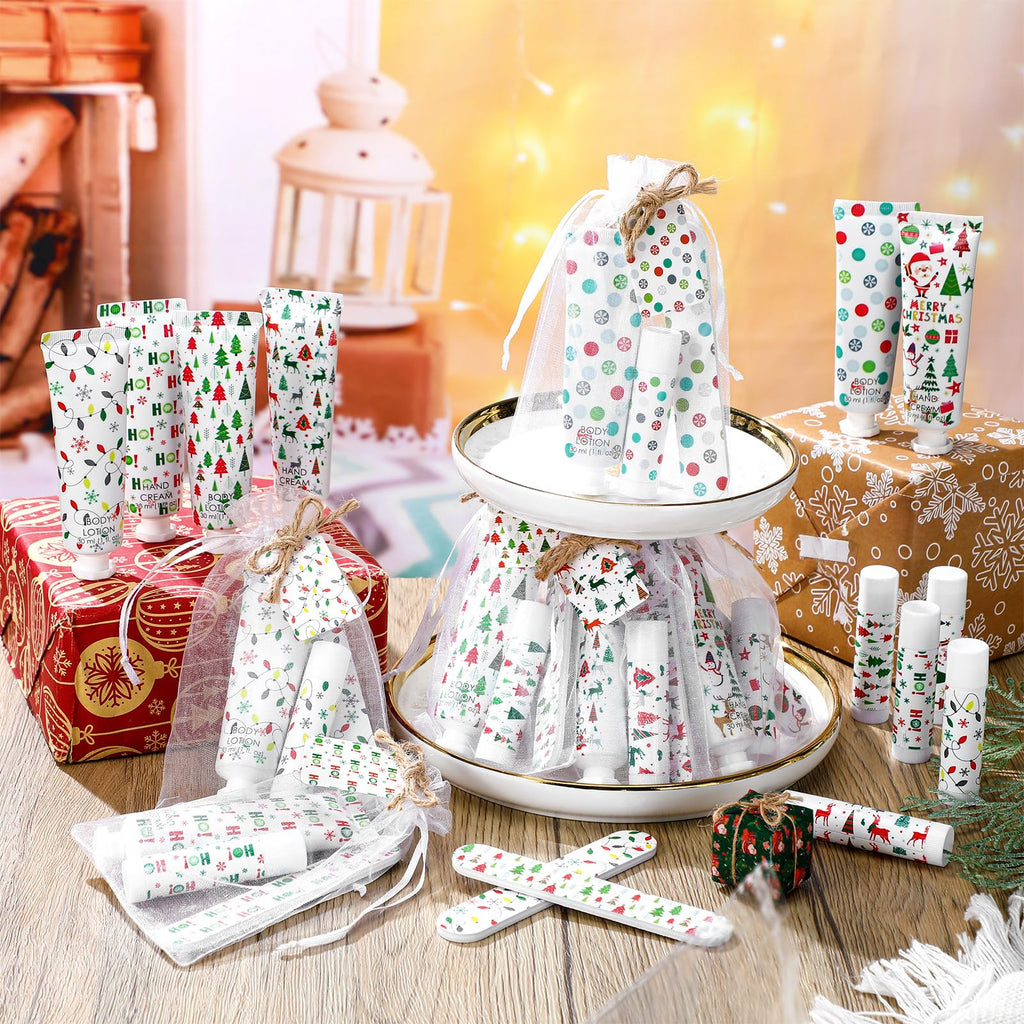 Dansib 24-Set Christmas Gift Favors — Hand Cream, Body Lotion, Lip Balm, Cards & Organza Bags