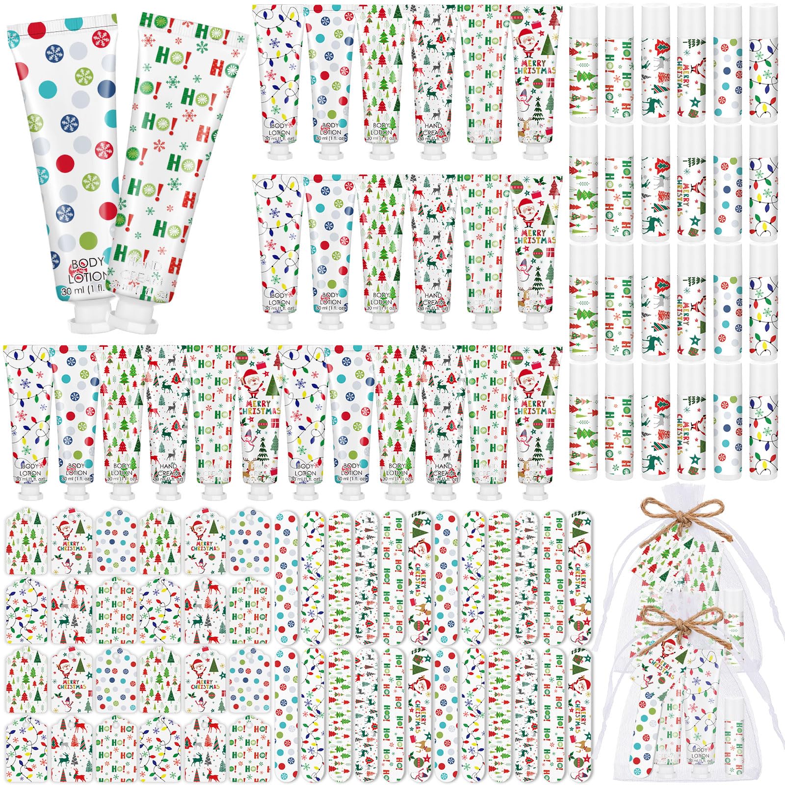 Dansib 24-Set Christmas Gift Favors — Hand Cream, Body Lotion, Lip Balm, Cards & Organza Bags
