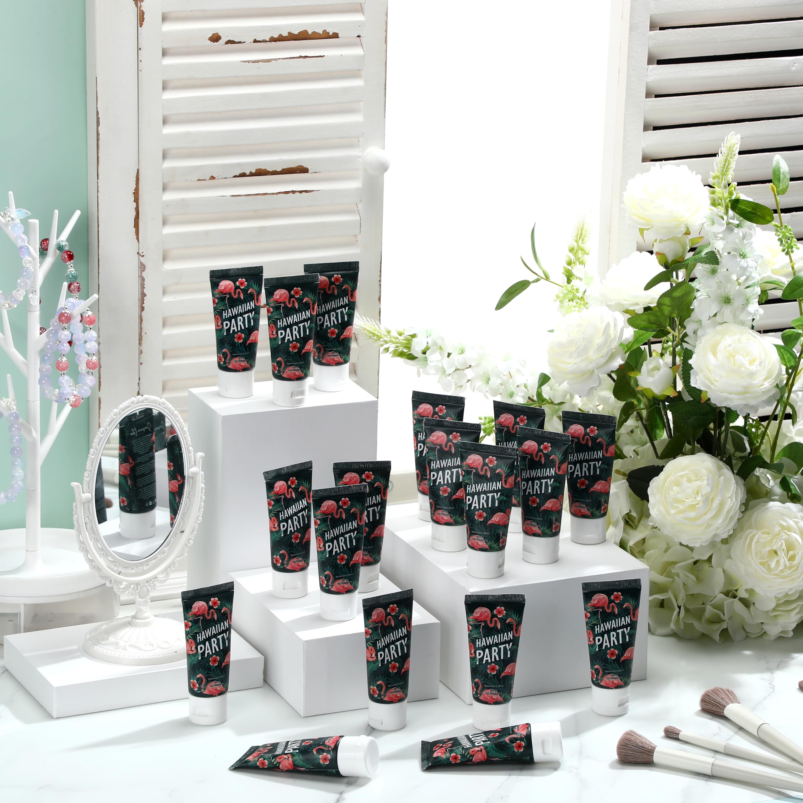 Dansib 24 Pcs Mini Sunscreen Bulk – SPF 30 Travel Size 1oz for Wedding Gifts (White Cream, Flamingo)