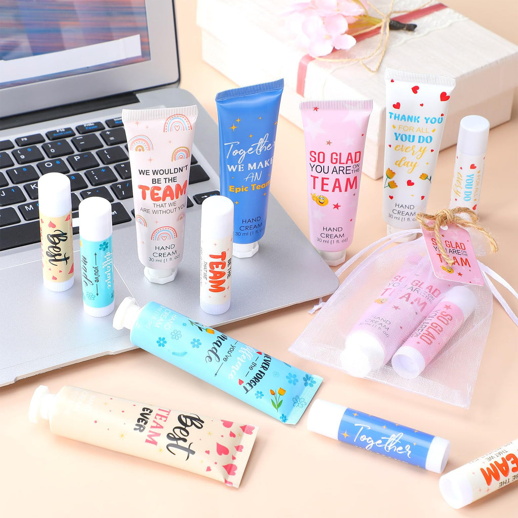 Dansib 12‑Set Best Team Ever Gifts – Hand Cream, Lip Balm, Cards & Organza Bags for Coworkers