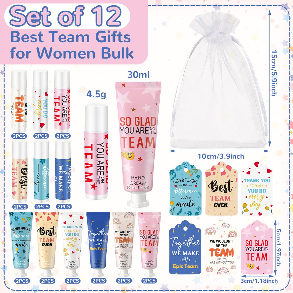 Dansib 12‑Set Best Team Ever Gifts – Hand Cream, Lip Balm, Cards & Organza Bags for Coworkers
