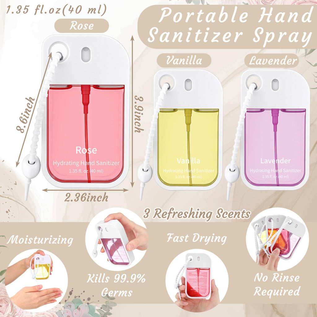 Dansib Set of 3 Power Mist Hydrating Hand Sanitizer Sprays – Keychain Travel Size (Rose, Lavender, Vanilla)