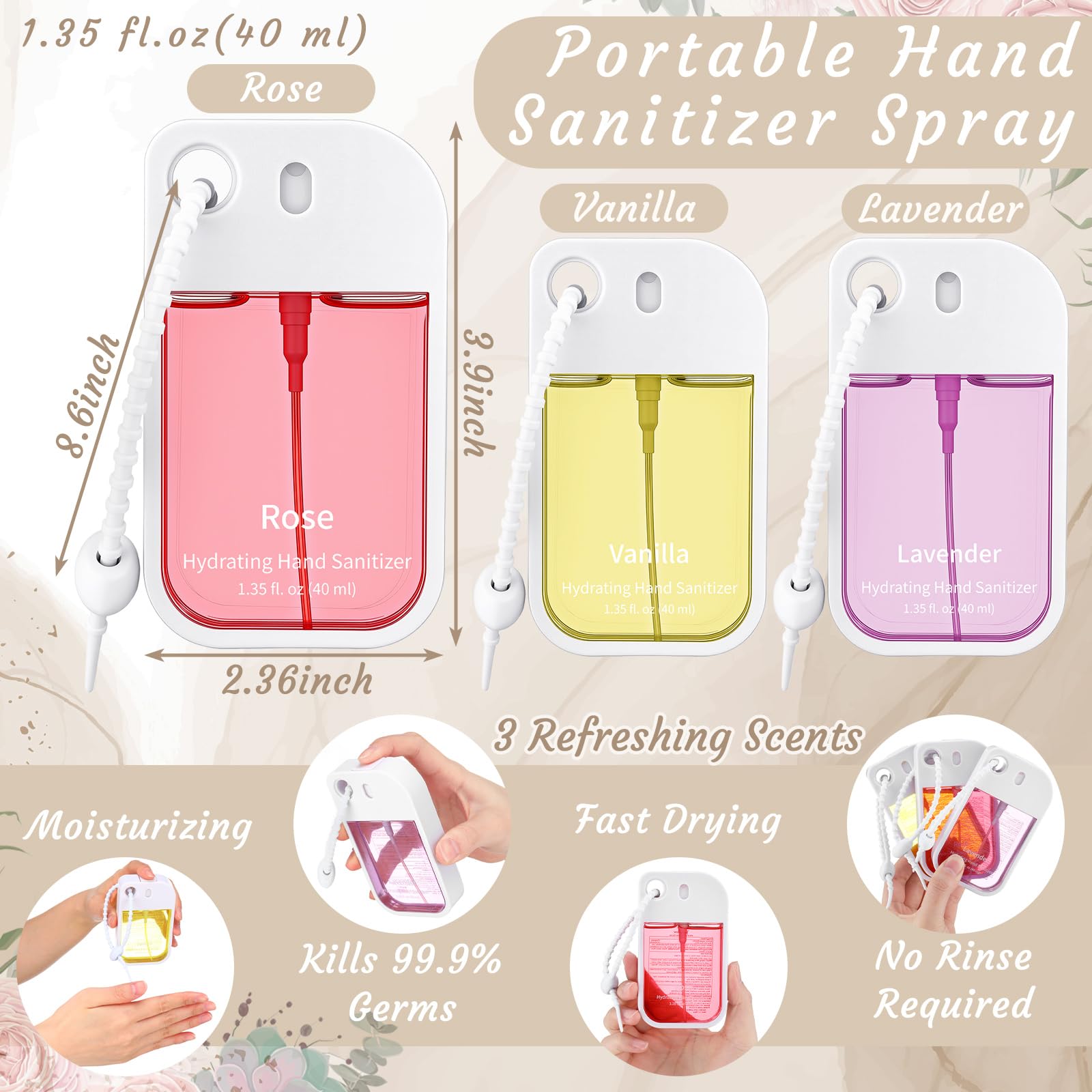Dansib Set of 3 Power Mist Hydrating Hand Sanitizer Sprays – Keychain Travel Size (Rose, Lavender, Vanilla)