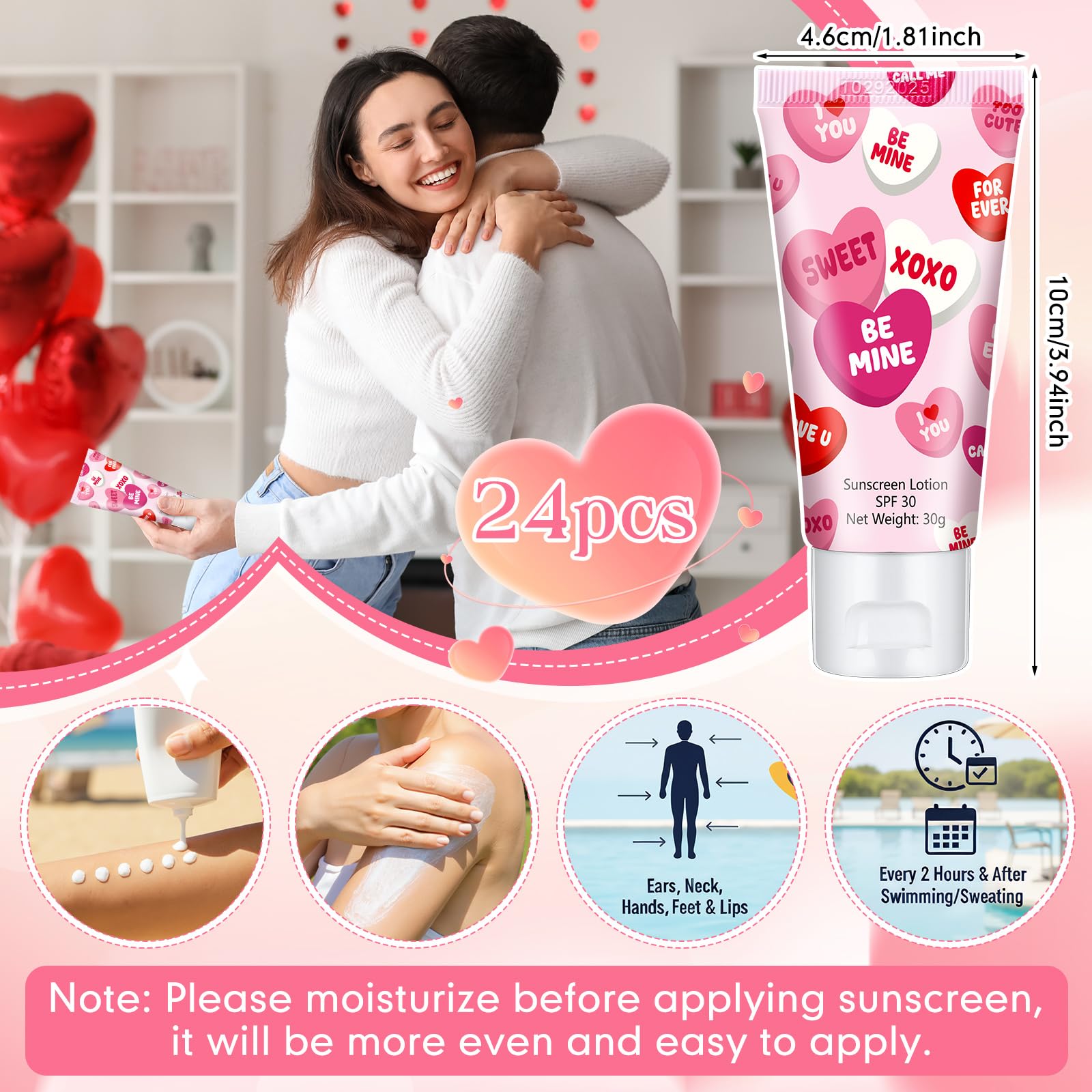 Dansib 24 Pcs Mini Sunscreen Bulk SPF 30 | Travel-Size Valentine Gift Set