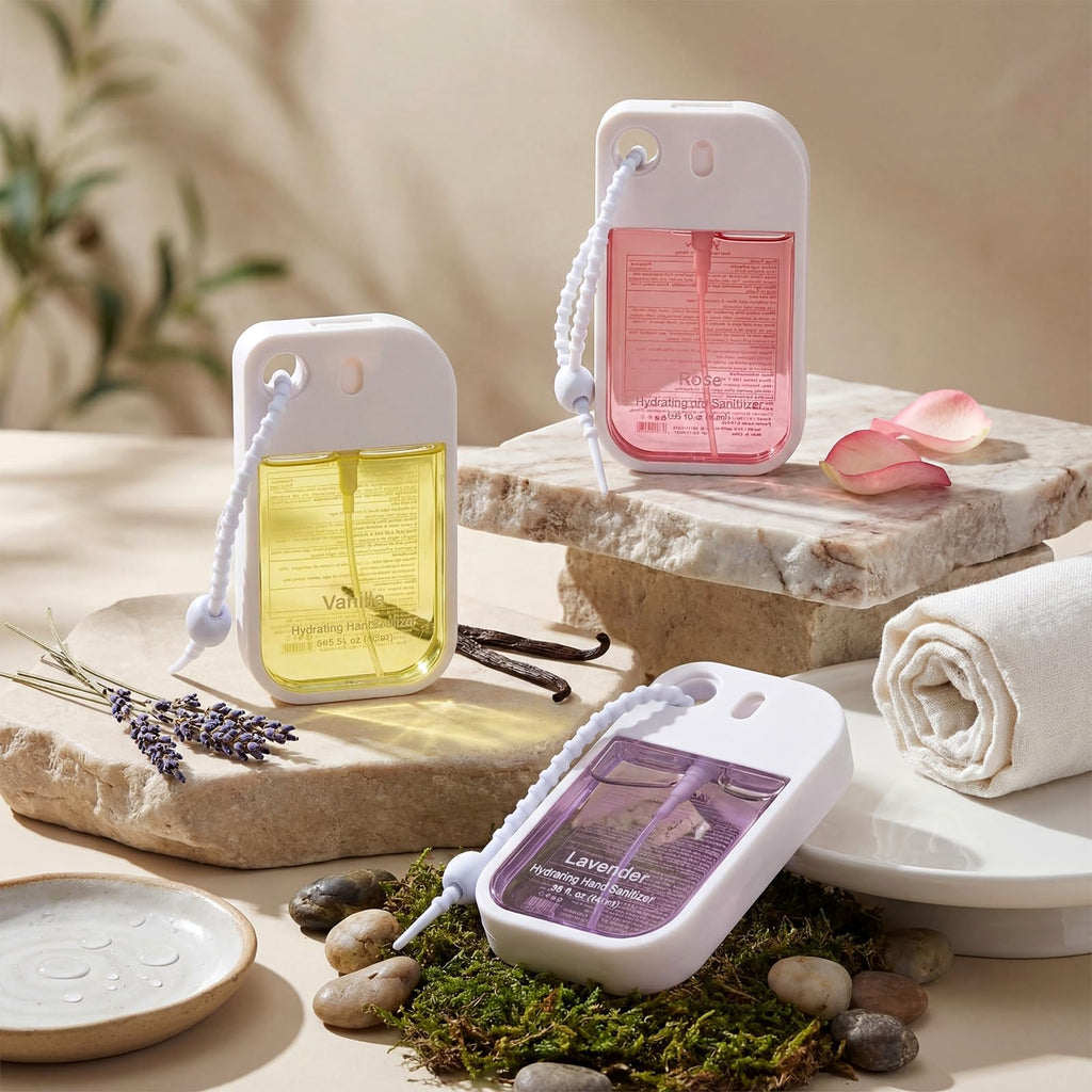 Dansib Set of 3 Power Mist Hydrating Hand Sanitizer Sprays – Keychain Travel Size (Rose, Lavender, Vanilla)