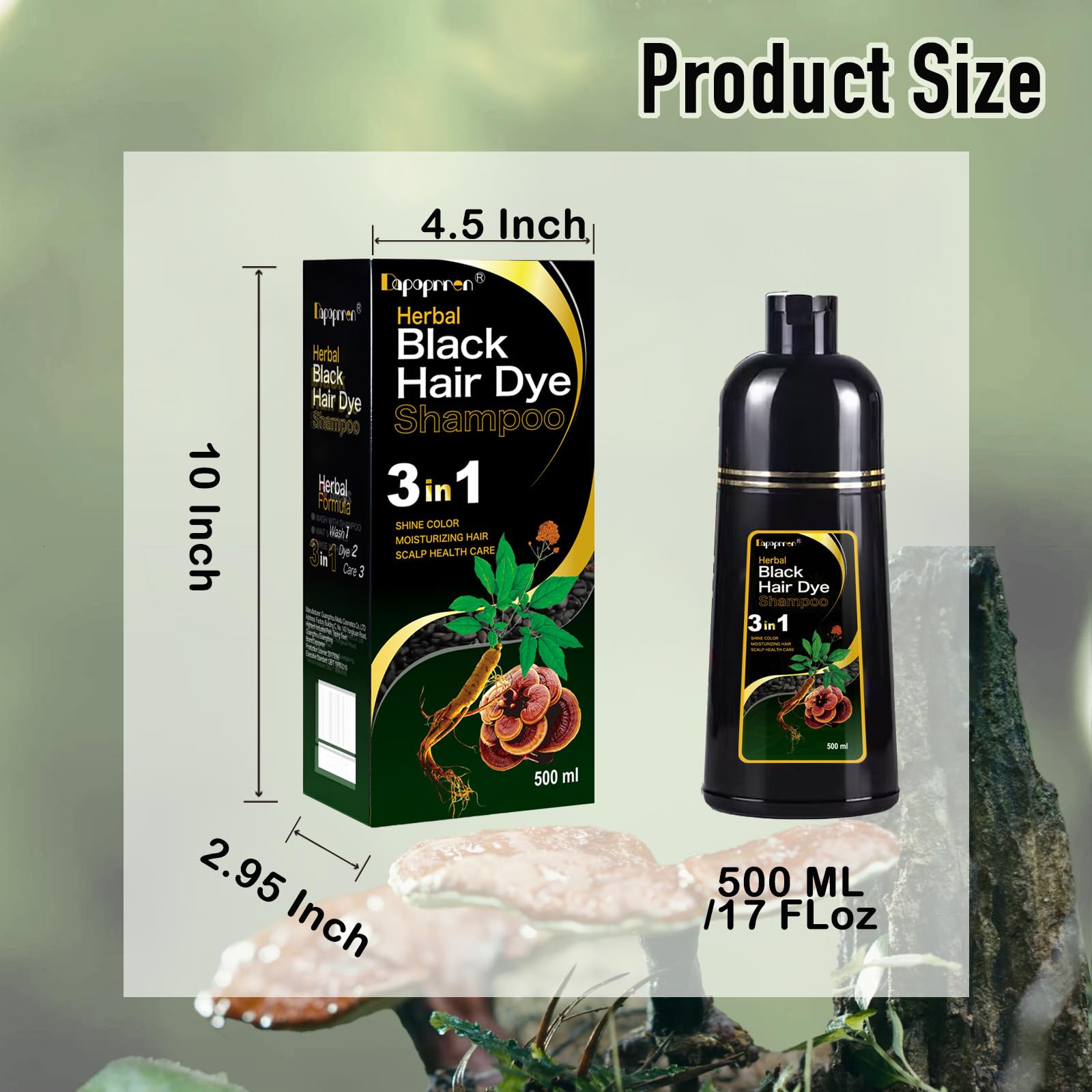 Dapoprren Black Hair Dye Shampoo 3-in-1 – Gray Coverage, Natural, Ammonia-Free