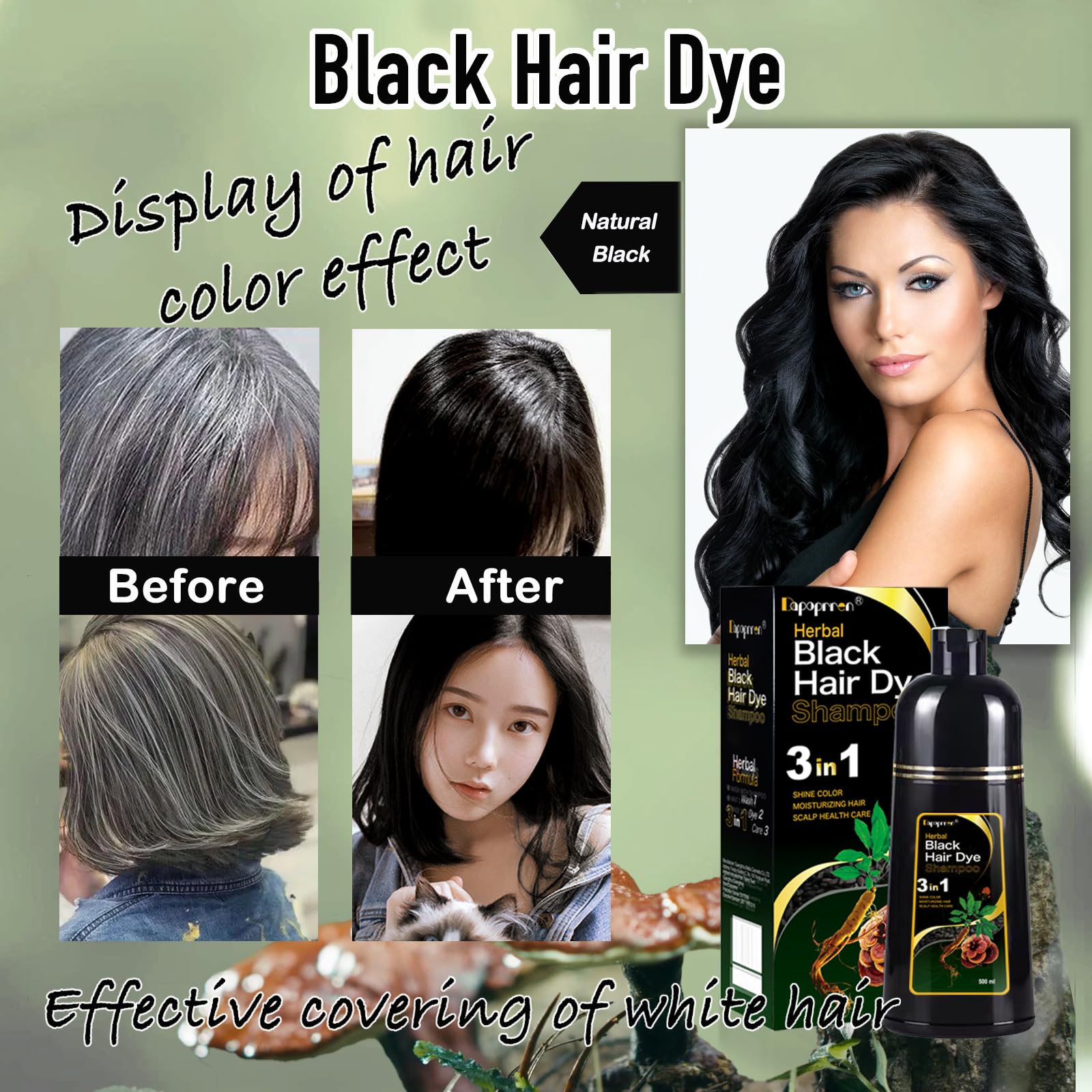 Dapoprren Black Hair Dye Shampoo 3-in-1 – Gray Coverage, Natural, Ammonia-Free
