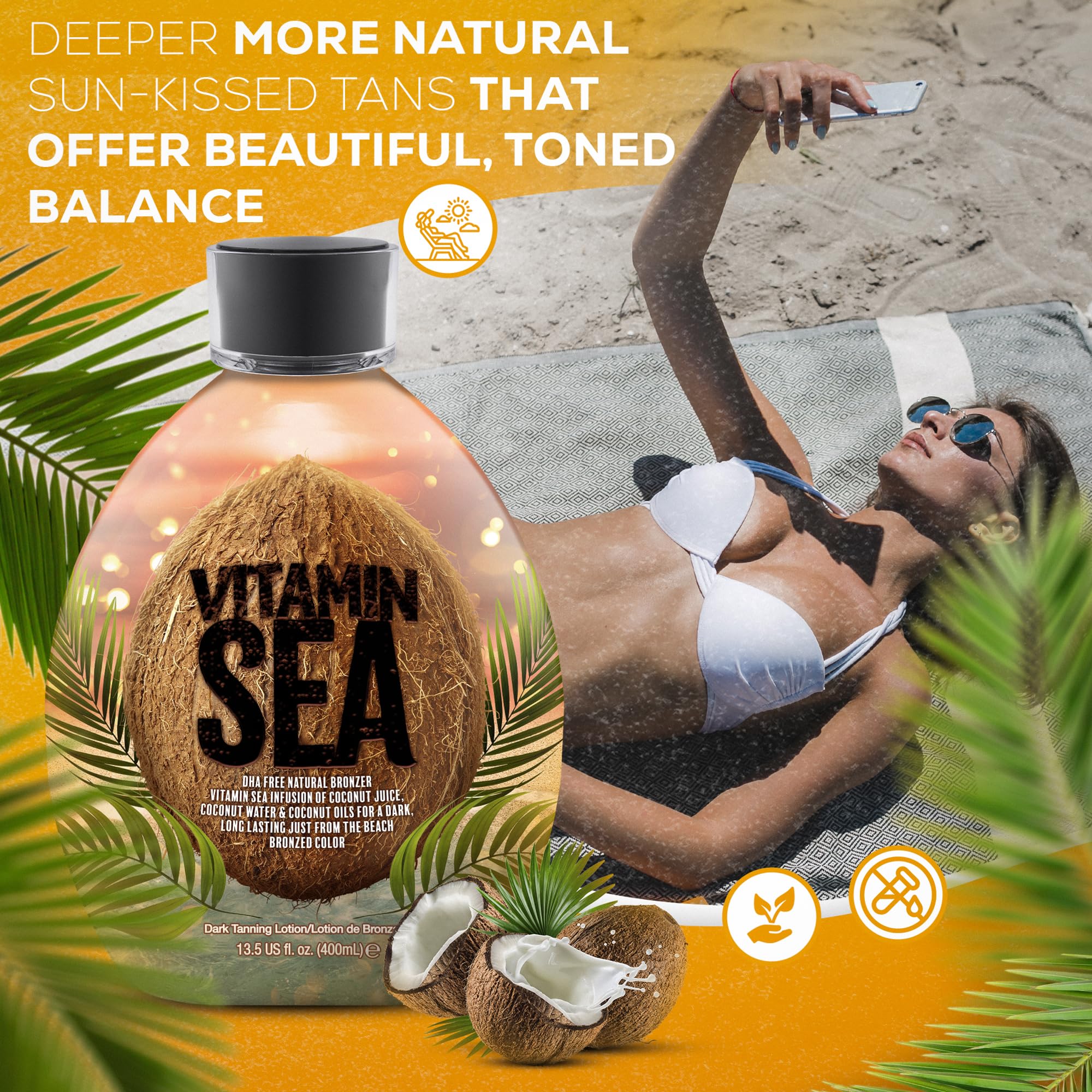 Dark Tans Exclusive Vitamin Sea Natural Bronzer – DHA-Free, Coconut Oil, 13.5oz, Indoor Bed Safe