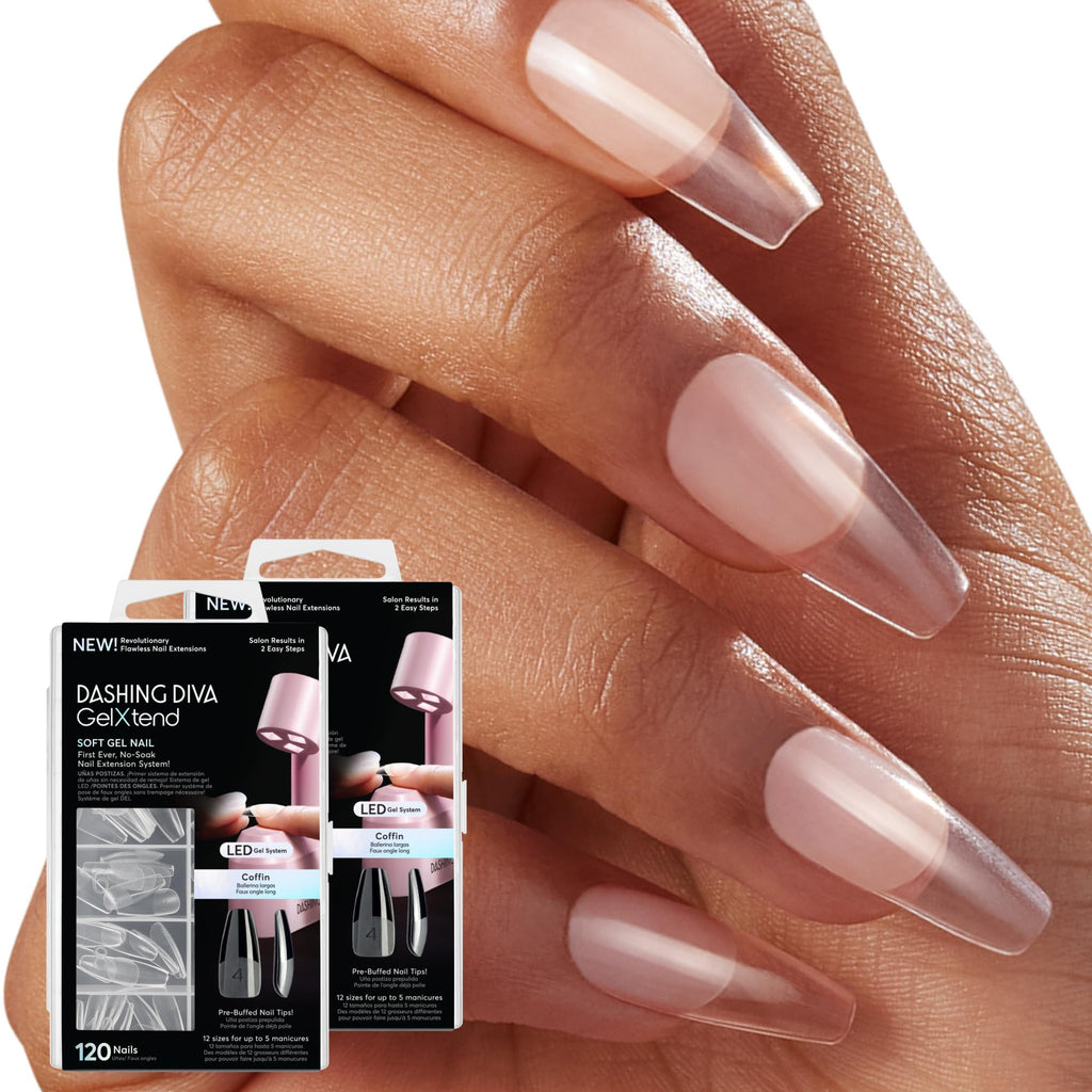 Dashing Diva GelXtend Nail Tips, 2 Pack – Clear, Long Coffin Nails with LED Glue | No-Soak Removal