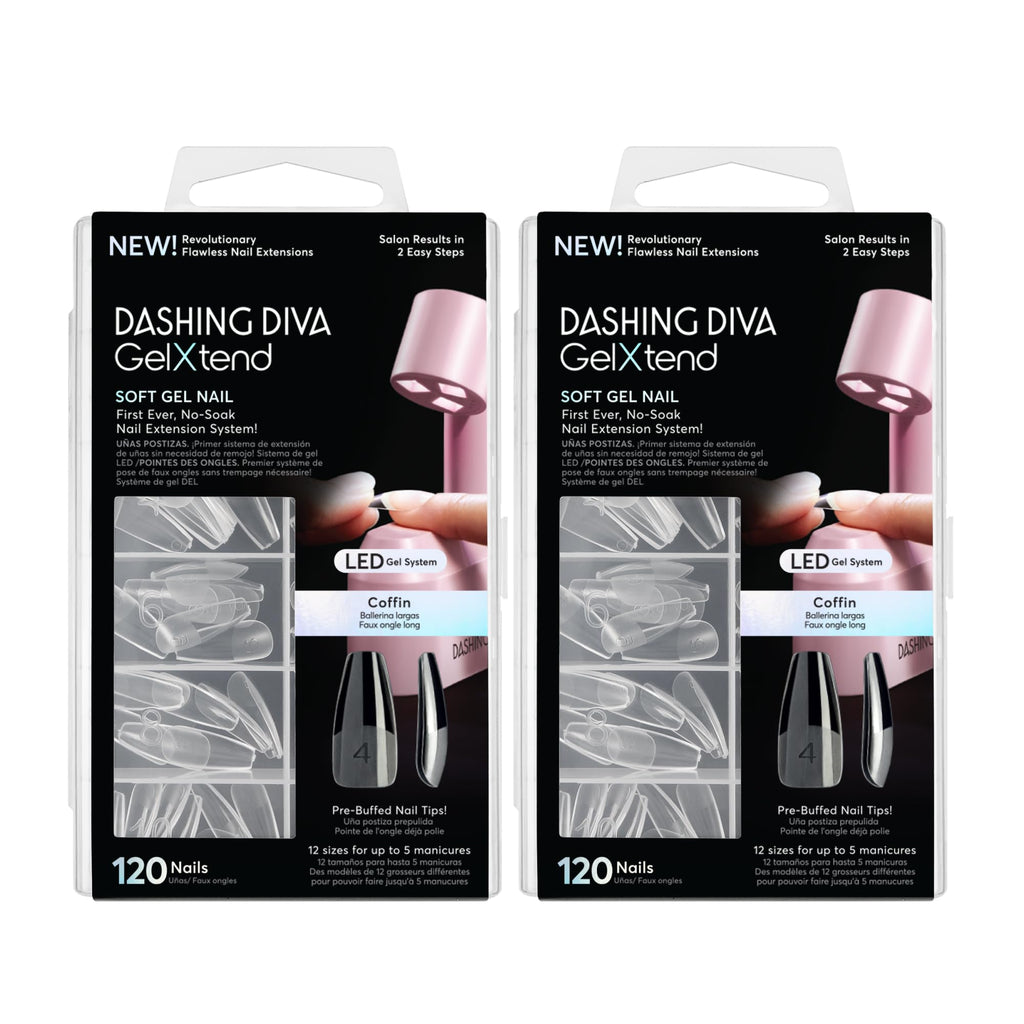 Dashing Diva GelXtend Nail Tips, 2 Pack – Clear, Long Coffin Nails with LED Glue | No-Soak Removal
