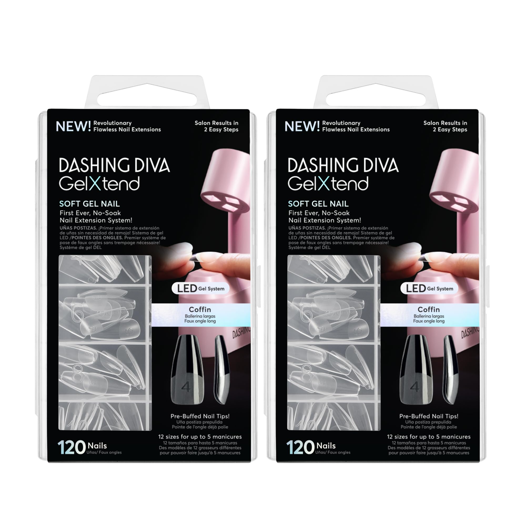 Dashing Diva GelXtend Nail Tips, 2 Pack – Clear, Long Coffin Nails with LED Glue | No-Soak Removal