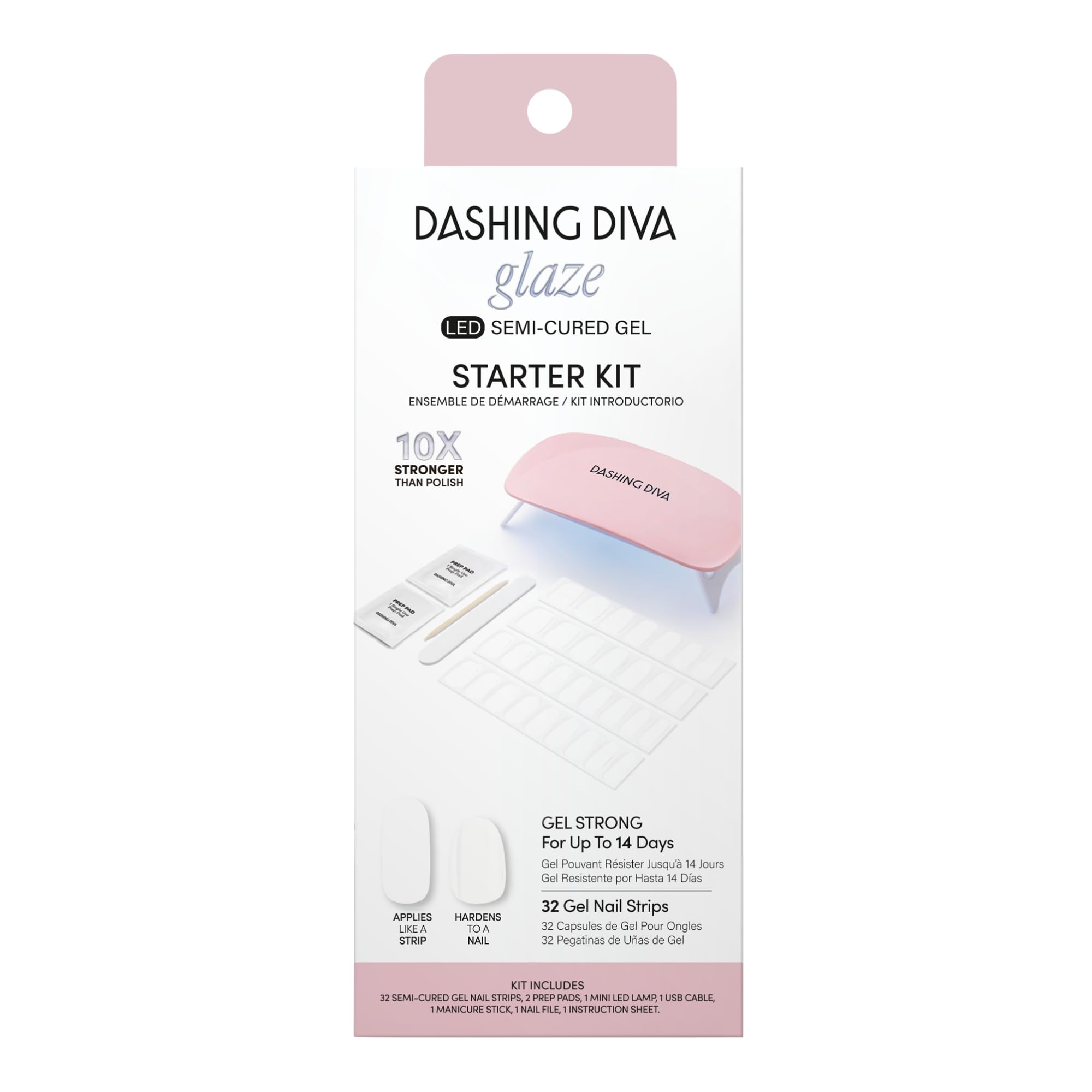 Dashing Diva Glaze Nail Starter Kit Daikon – Semi-Cured Gel Strips, 7-Piece Set + Mini LED Lamp