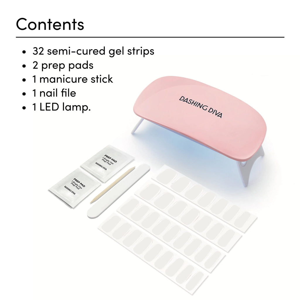 Dashing Diva Glaze Nail Starter Kit Daikon – Semi-Cured Gel Strips, 7-Piece Set + Mini LED Lamp