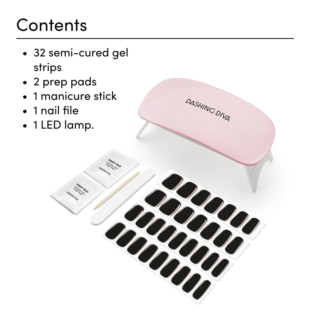 Dashing Diva Glaze Nail Starter Kit Real Black | Long-Lasting Semi-Cured Gel Strips + Mini LED Lamp