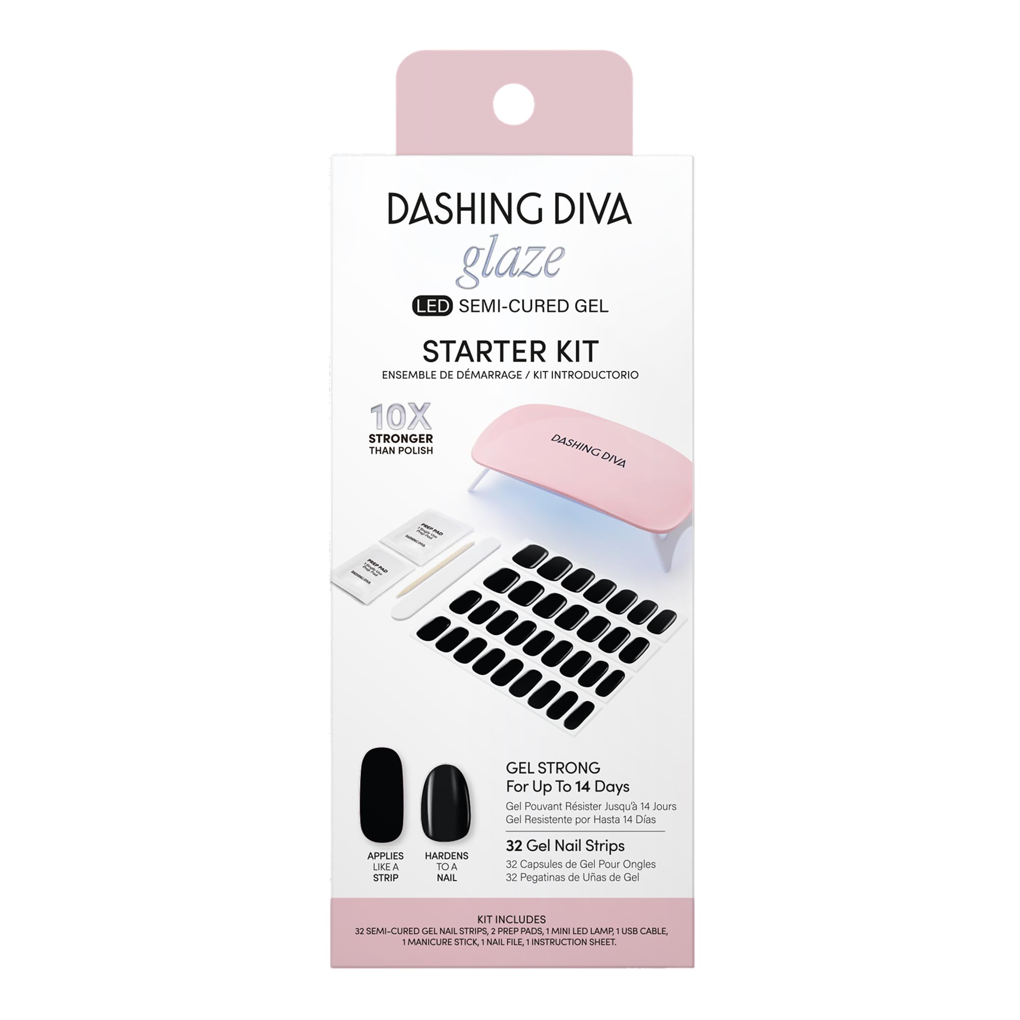 Dashing Diva Glaze Nail Starter Kit Real Black | Long-Lasting Semi-Cured Gel Strips + Mini LED Lamp