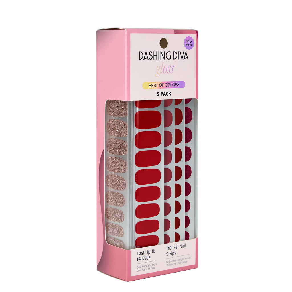 Dashing Diva Gloss Nail Strips 5-in-1 Kit – Best of Reds, UV Free & Chip Resistant, 110 Wraps