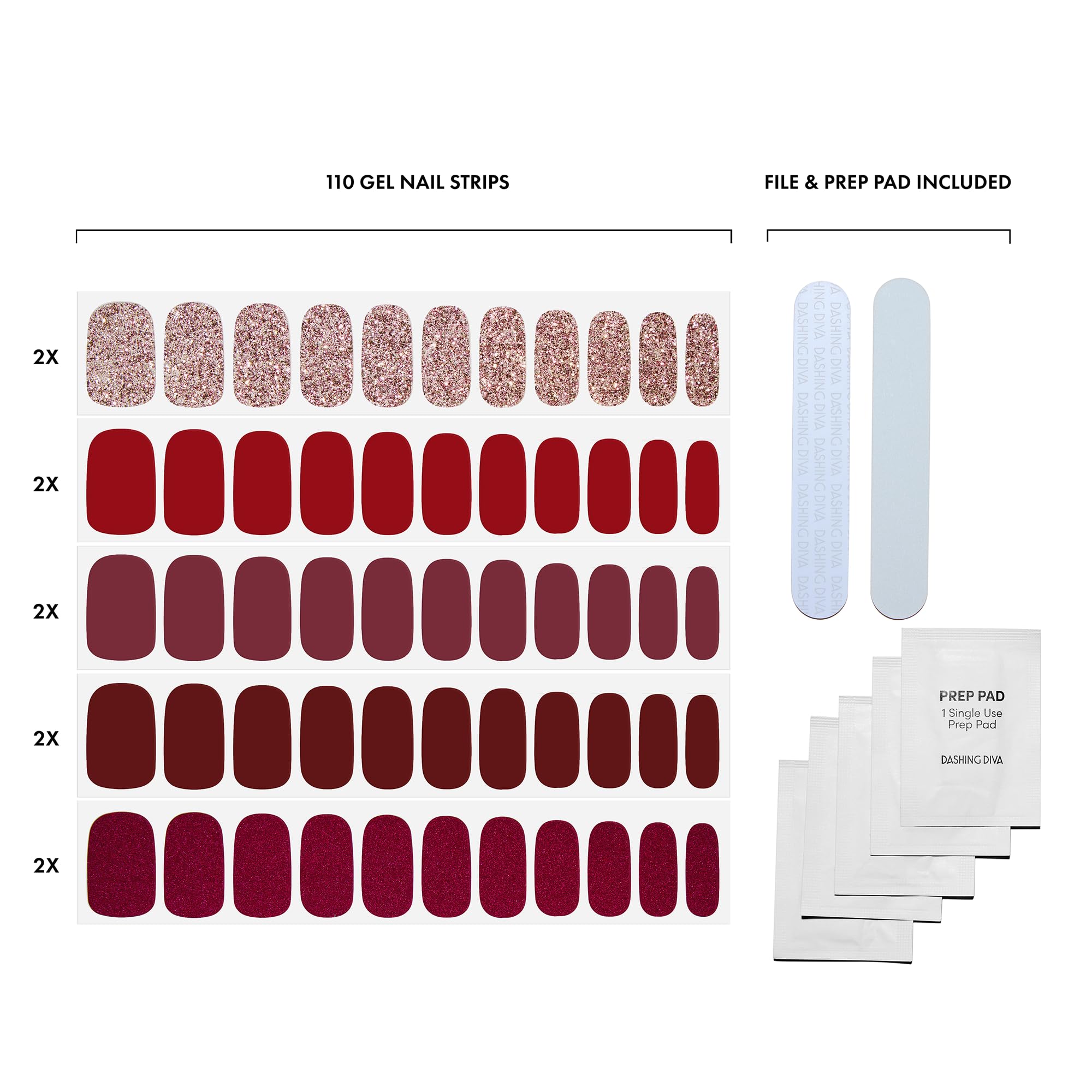 Dashing Diva Gloss Nail Strips 5-in-1 Kit – Best of Reds, UV Free & Chip Resistant, 110 Wraps