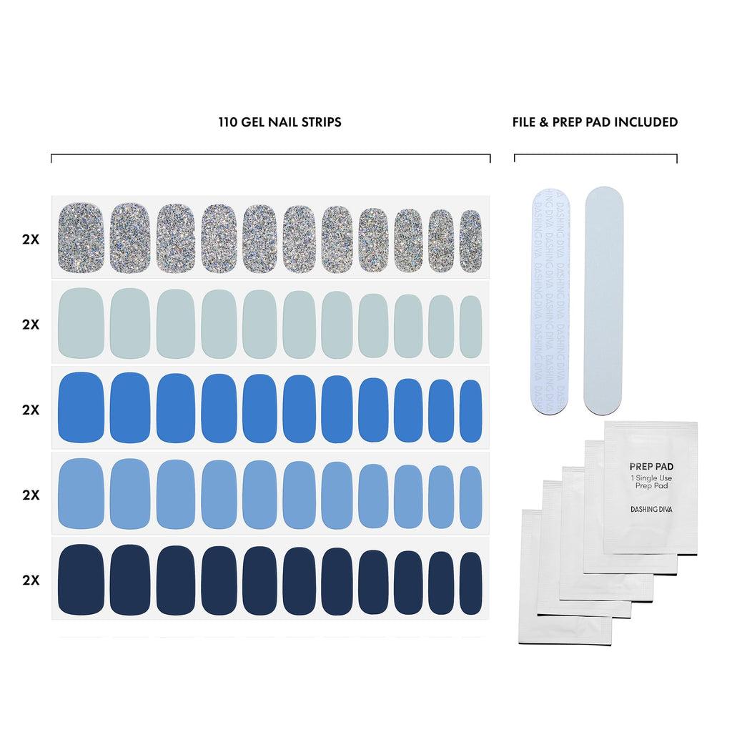 Dashing Diva Gloss Nail Strips 5-in-1 Kit – Best of Blues | UV Free, Chip-Resistant Gel Nail Stickers