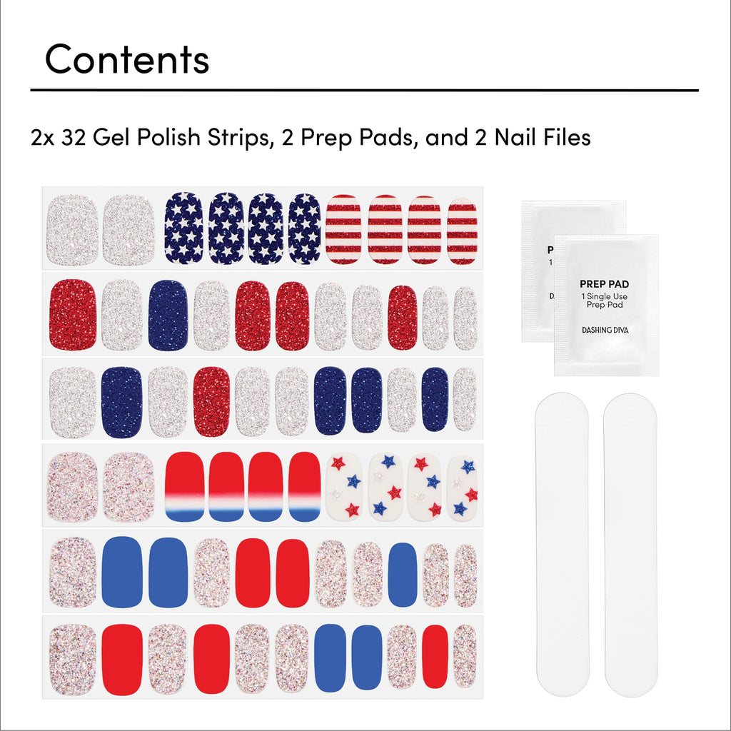 Dashing Diva Patriotic Gloss Nail Strips Bundle – Salute & Independence (UV Free, Chip Resistant Gel Nails)