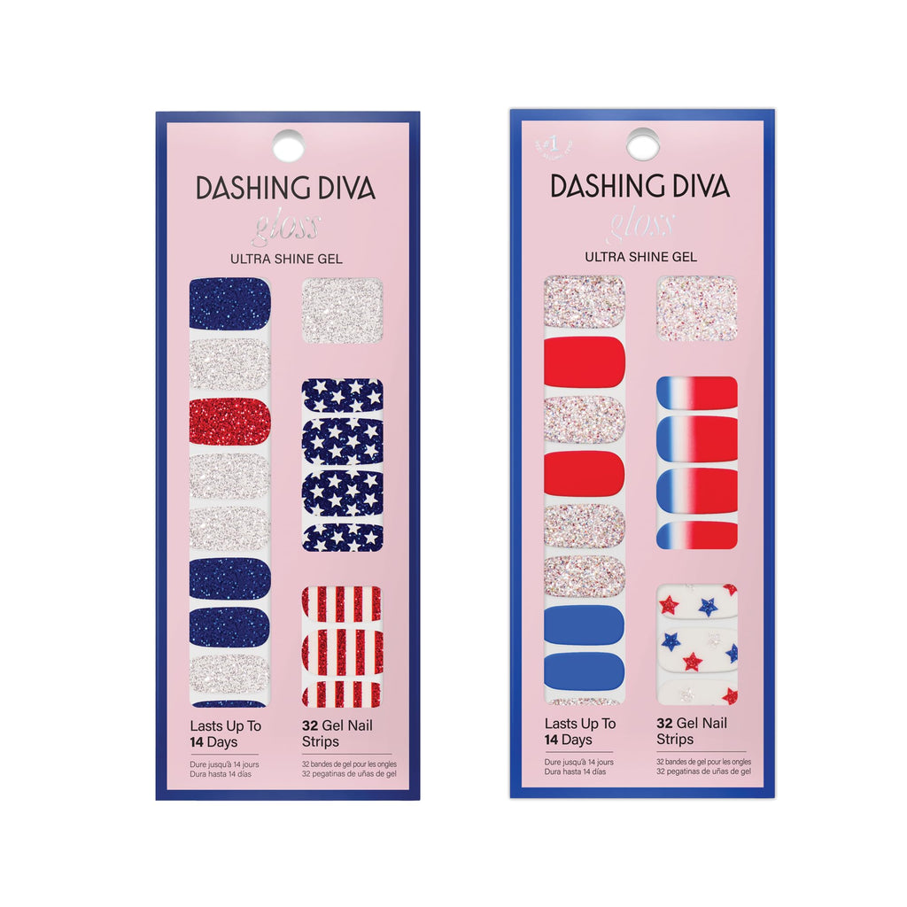 Dashing Diva Patriotic Gloss Nail Strips Bundle – Salute & Independence (UV Free, Chip Resistant Gel Nails)