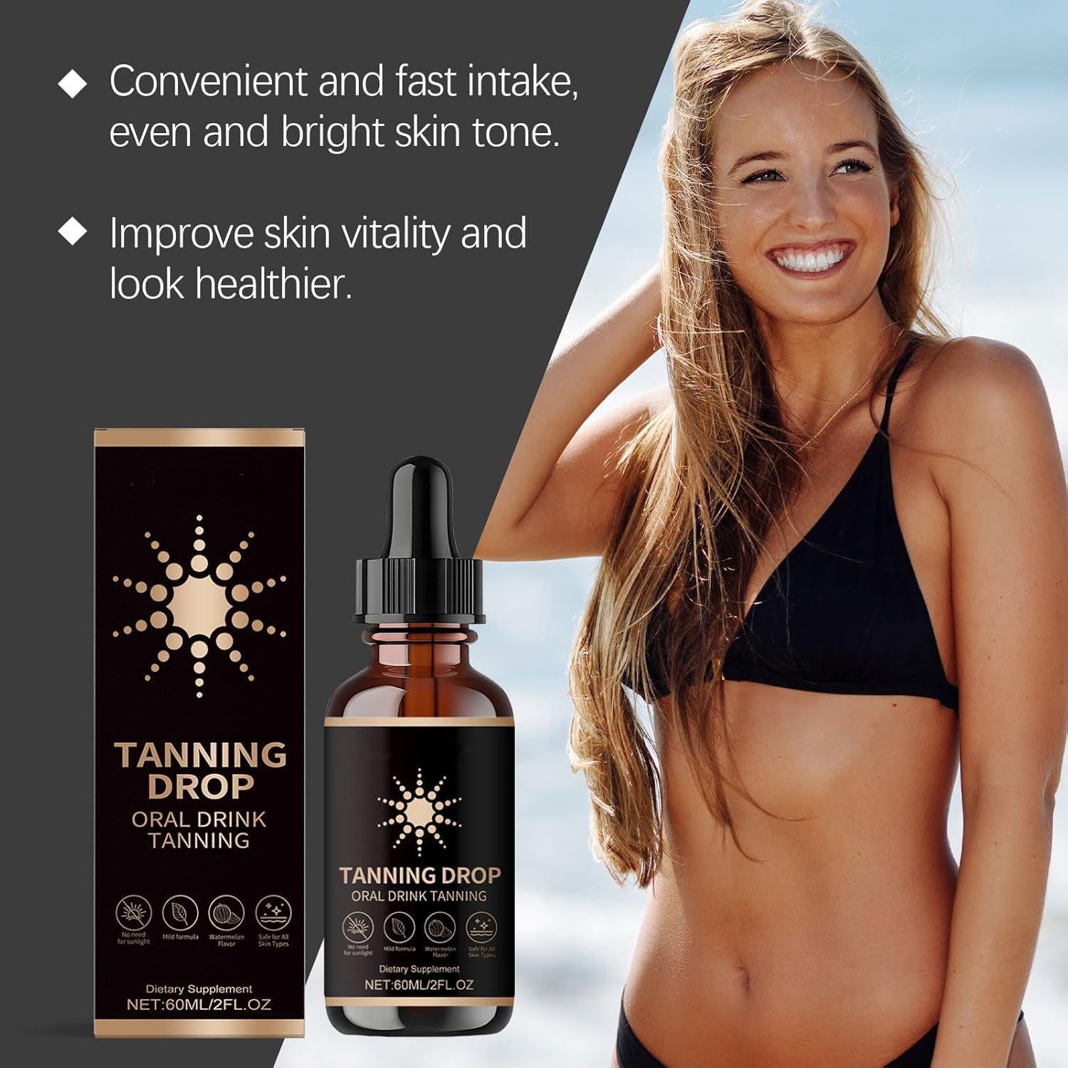 DASIUIP Tanning Drops – Sunless Drinkable Bronzer for Face & Body (2 Fl Oz)