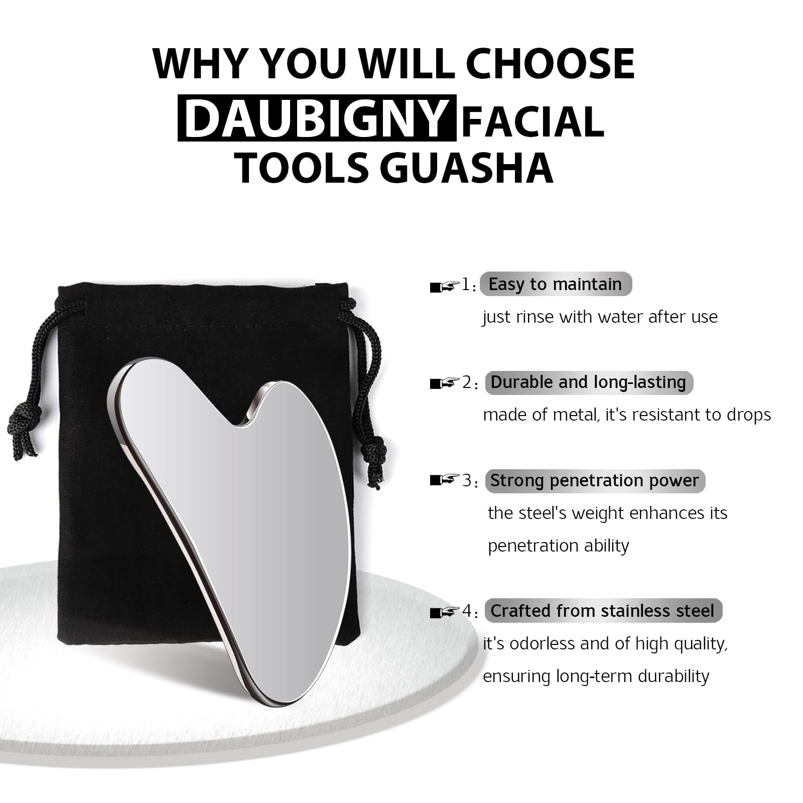 Daubigny Stainless Steel Gua Sha — Facial & Body Massage Tool with Travel Pouch