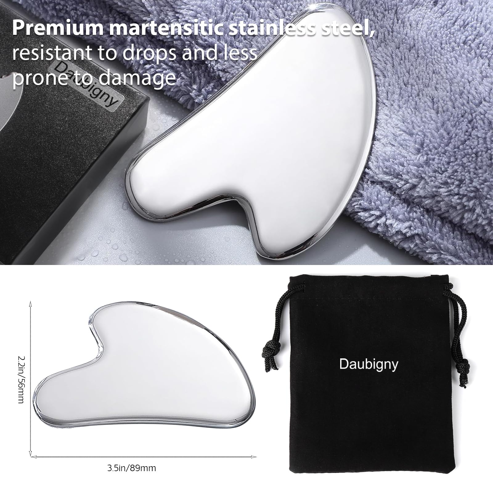 Daubigny Stainless Steel Gua Sha — Facial & Body Massage Tool with Travel Pouch