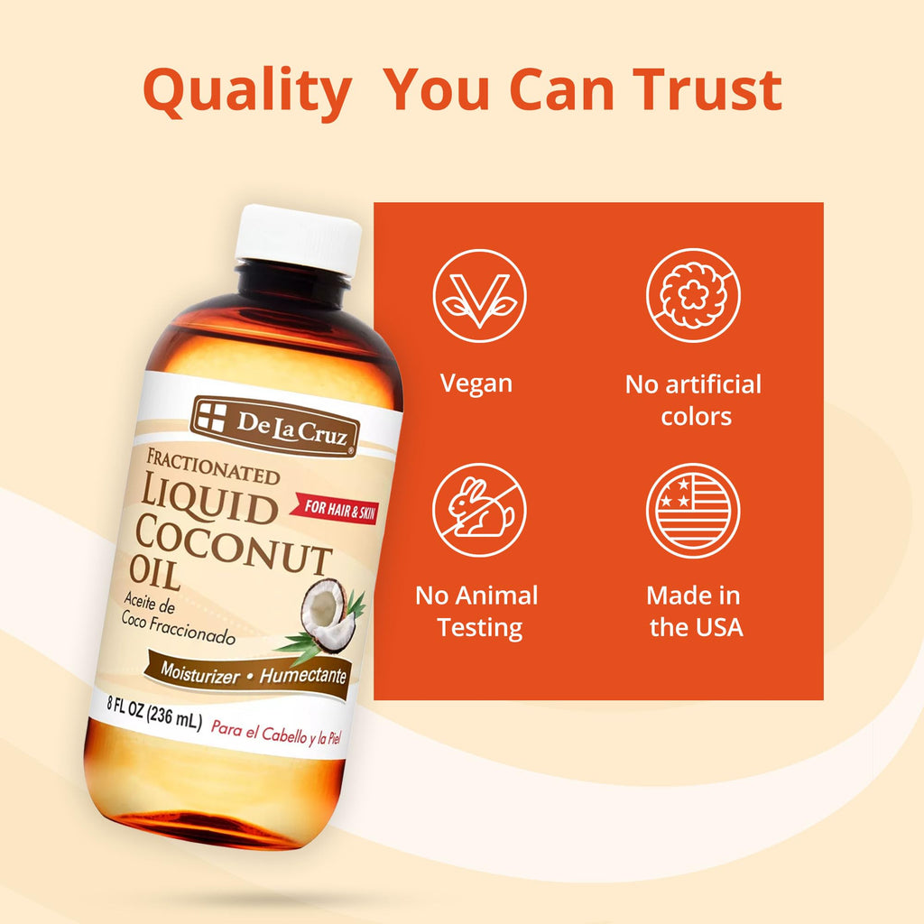 De La Cruz Fractionated Liquid Coconut Oil – Lightweight Skin & Hair Moisturizer | 8 fl oz