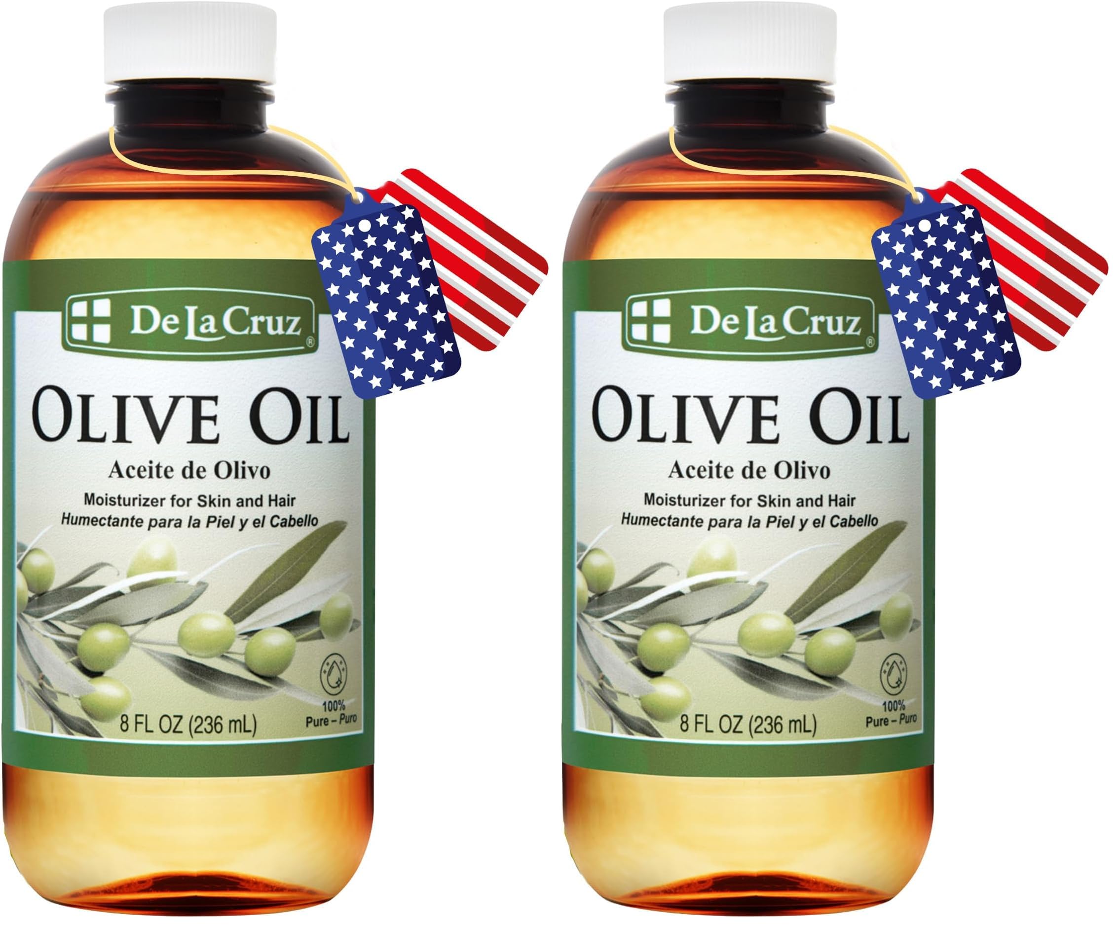 De La Cruz Pure Olive Oil - Expeller Pressed, 8 oz x 2, Hair & Skin Lightweight Oil