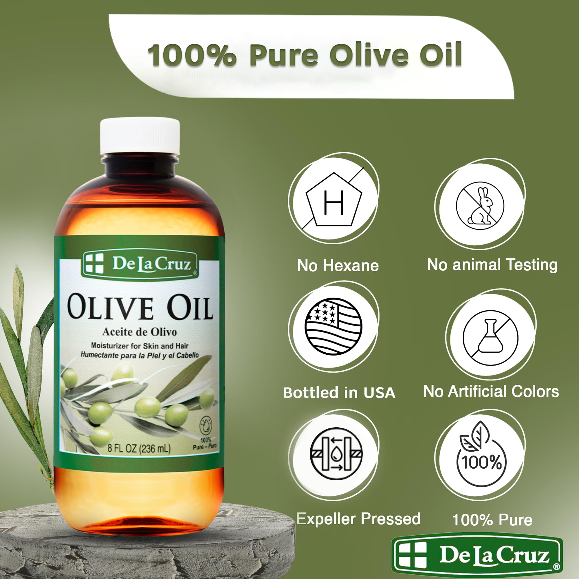 De La Cruz Pure Olive Oil - Expeller Pressed, 8 oz x 2, Hair & Skin Lightweight Oil