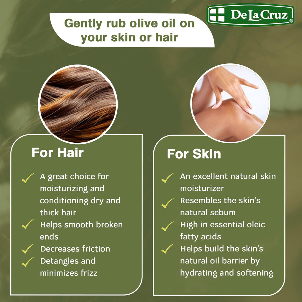 De La Cruz Pure Olive Oil - Expeller Pressed, 8 oz x 2, Hair & Skin Lightweight Oil